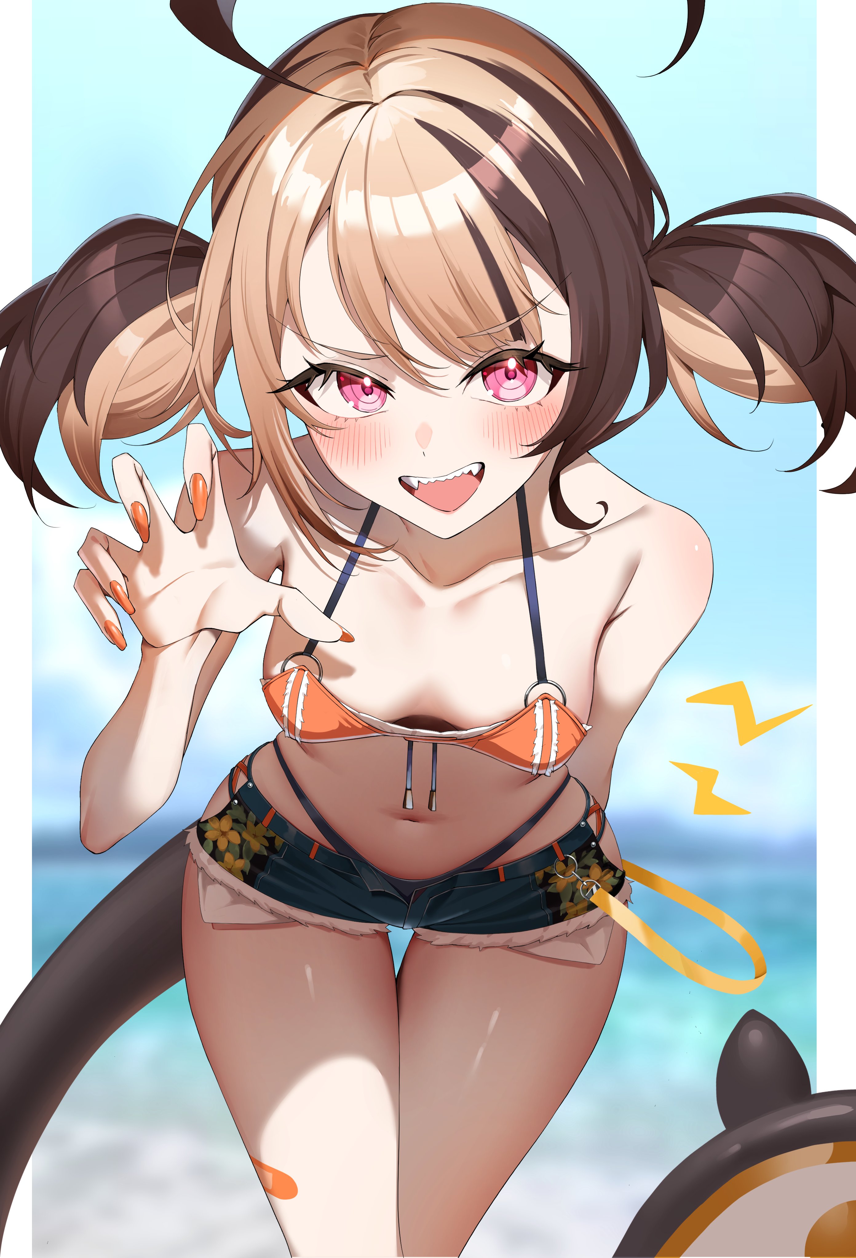 1girls, absurd res, absurdres, ahoge, arm behind back, bandaid, bandaid on leg, bare shoulders, bikini, bikini bottom under shorts, bikini under clothes, black bikini, black tail, blurry, blurry background, blush, breasts, brown hair, claw pose, collarbone, commentary, denim, denim shorts, drawstring, exposed pocket, fingernails, gawawawa, gigi murin, gigi murin (holonatsu paradise), halterneck, highres, hololive, hololive english, hololive english -justice-, holonatsu paradise, huge ahoge, leaning forward, looking at viewer, multicolored hair, navel, official alternate costume, open fly, open mouth, orange bikini, orange nails, pillarboxed, pink eyes, sharp teeth, short hair, short shorts, short twintails, shorts, small breasts, smile, solo, source request, stomach, swimsuit, tail, teeth, thigh gap, thighs, twintails, two-tone hair, virtual youtuber