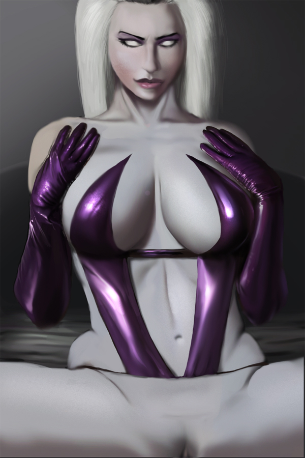 1girls, 2d, cleavage, elbow gloves, female, female only, gloves, kaihlan, long hair, mortal kombat, navel, pale skin, presenting, pussy, sindel, sitting, solo, white eyes, white hair