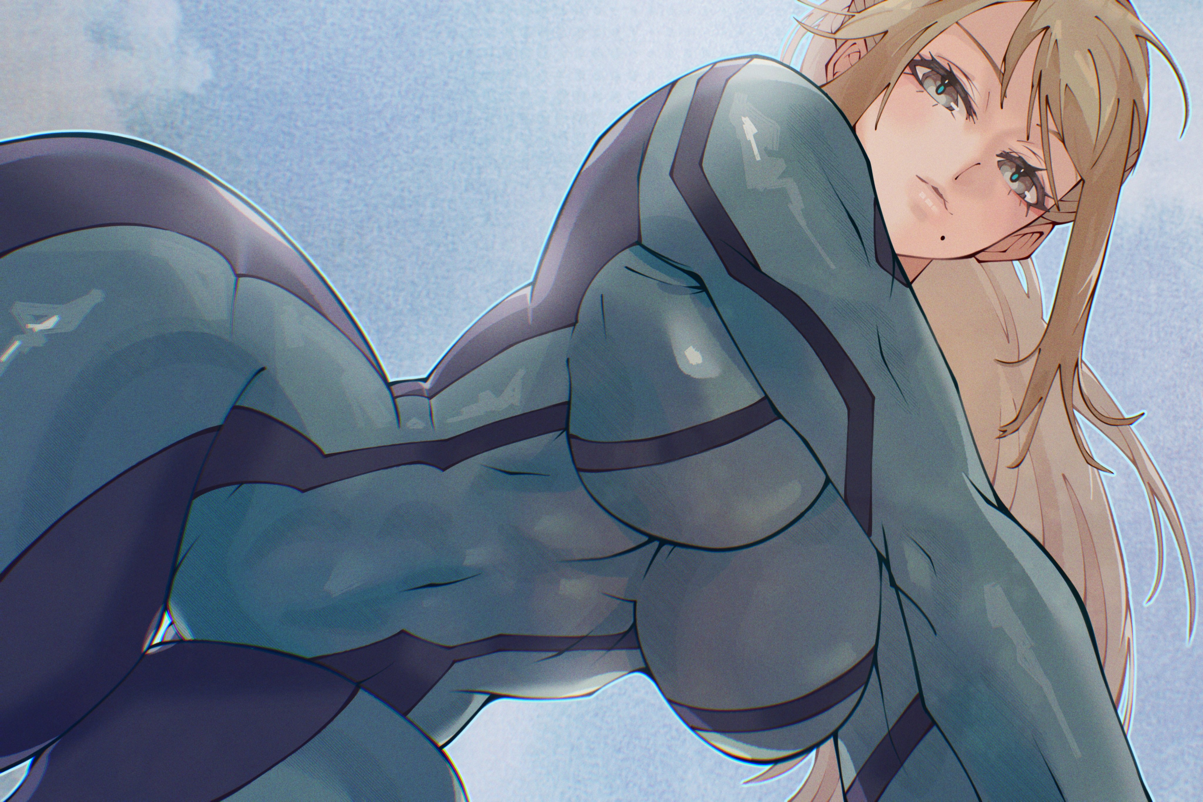above viewer, beauty mark, belly, belly button, below view, big boobs, big breasts, big tits, blonde hair, boobs, breasts, female, female focus, female only, gray eyes, grey eyes, large boobs, large breasts, large tits, looking at viewer, low-angle view, metroid, navel, nintendo, on all fours, pyxgt, samus aran, thigh gap, tits, titties, wide hips, zero suit samus
