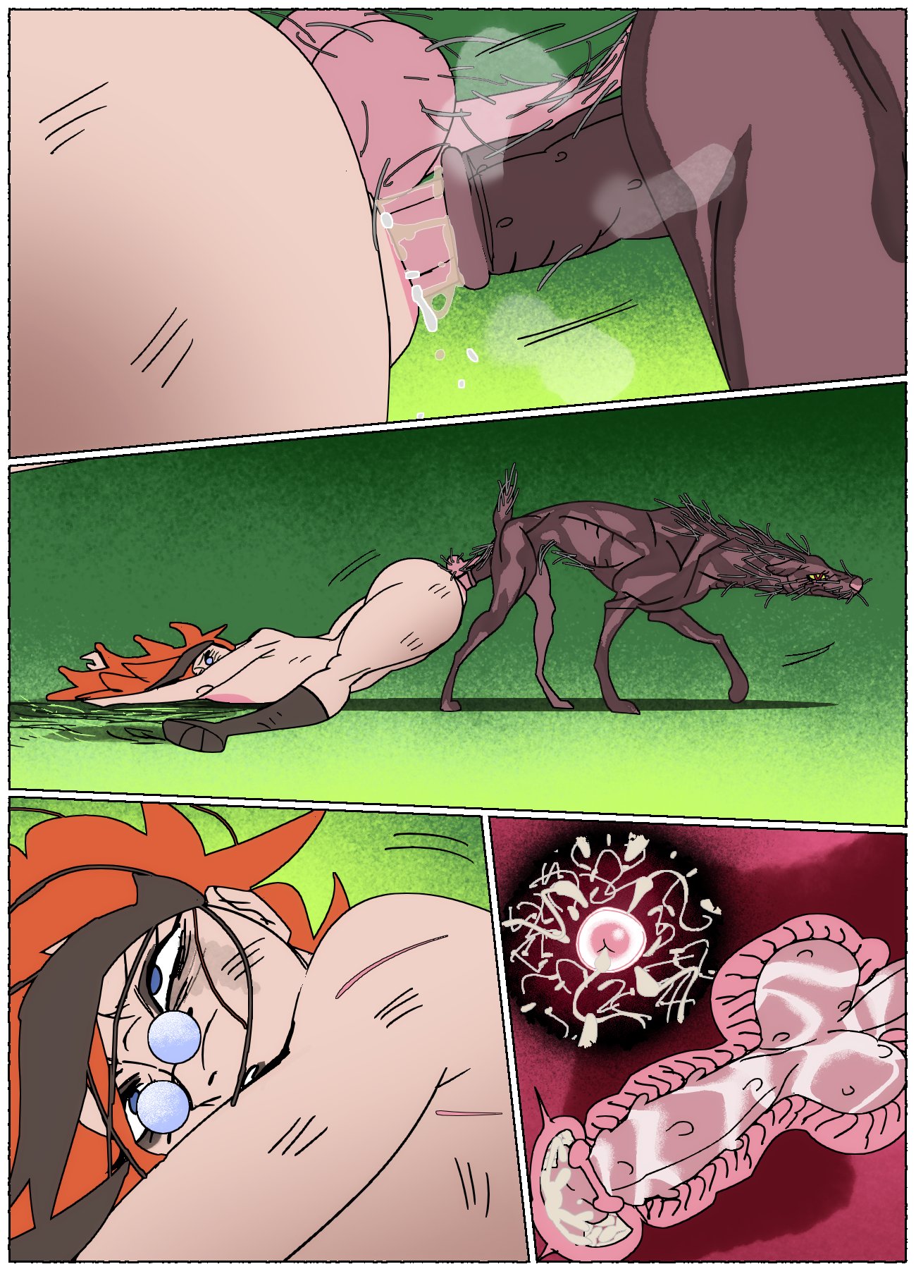 ass, balls, big ass, big breasts, breasts, canine, canine on human, canine penis, cum, cum in pussy, cum inside, dirty, female, female on feral, feral, feral on female, feral on human, glasses, huge breasts, human, human female, human on feral, impregnation, jijis-waifus, knot dragging, knotting, light skin, nipples, nude, orange hair, original, original character, outside, penetration, scratches, sperm cell, sperm meets ovum, stuck, stuck together, thick thighs, thighs, zoophilia