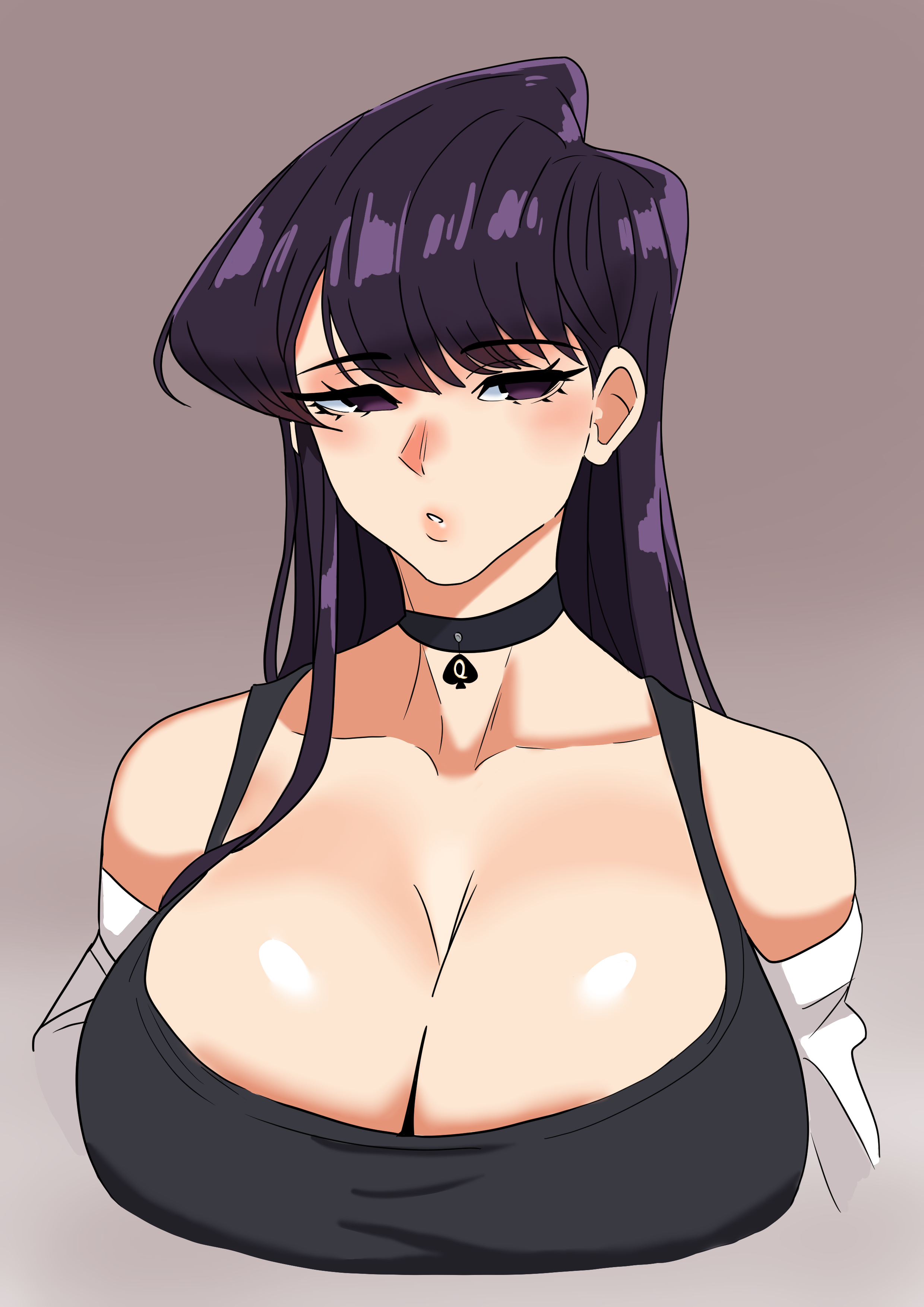 1girls, artist request, big breasts, clothing, komi shouko, komi-san wa komyushou desu, long hair, purple hair, qos, queen of spades