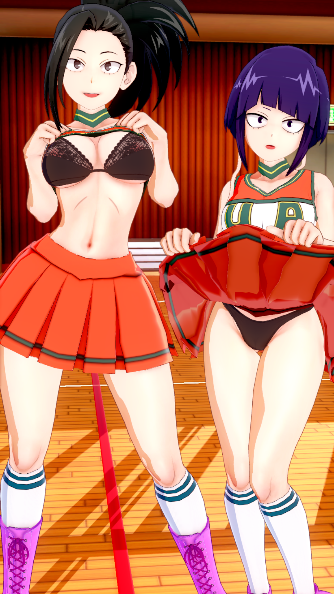black hair, boku no hero academia, bra, cheerleader, jirou kyouka, koikatsu, kyoka jiro, momo yaoyorozu, my hero academia, panties, perfect idiot, purple hair, shirt lift, skirt lift, smile, yaoyorozu momo