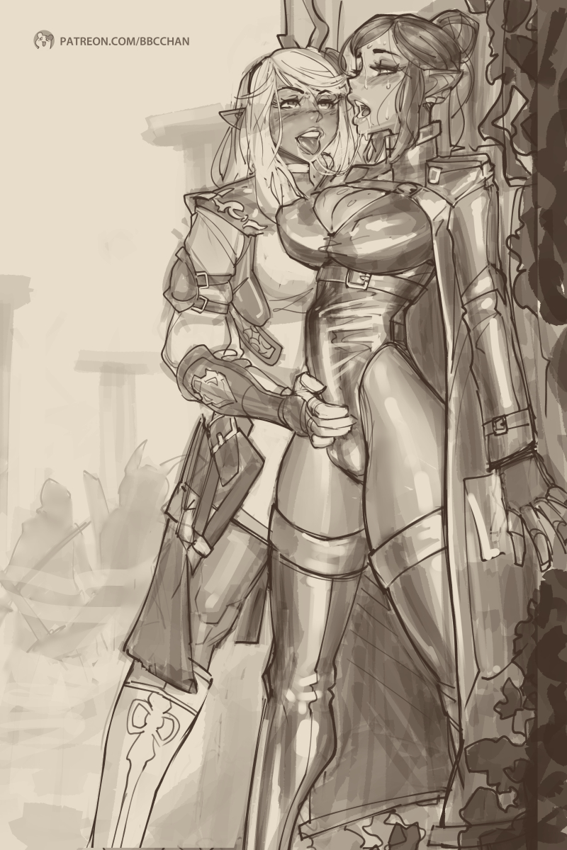 bbc-chan, big breasts, breasts, bulge, cleavage, dickgirl, elezen, erection, erection under clothes, final fantasy, final fantasy xiv, futanari, intersex, large breasts, long ears, monochrome, penis, penis under clothes
