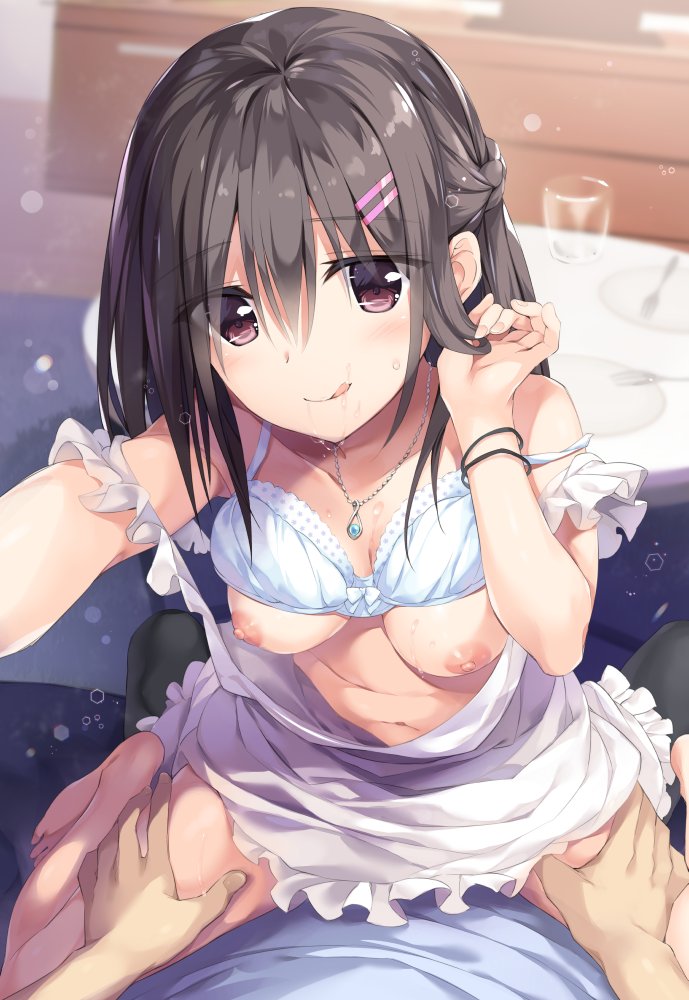 black_hair bra bracelet breasts doujin_cover doujinshi female hair_ornament hairclip happy_sex jewelry little_sister long_hair necklace nipples off_shoulder original oryou pov pov_eye_contact tongue tongue_out underwear