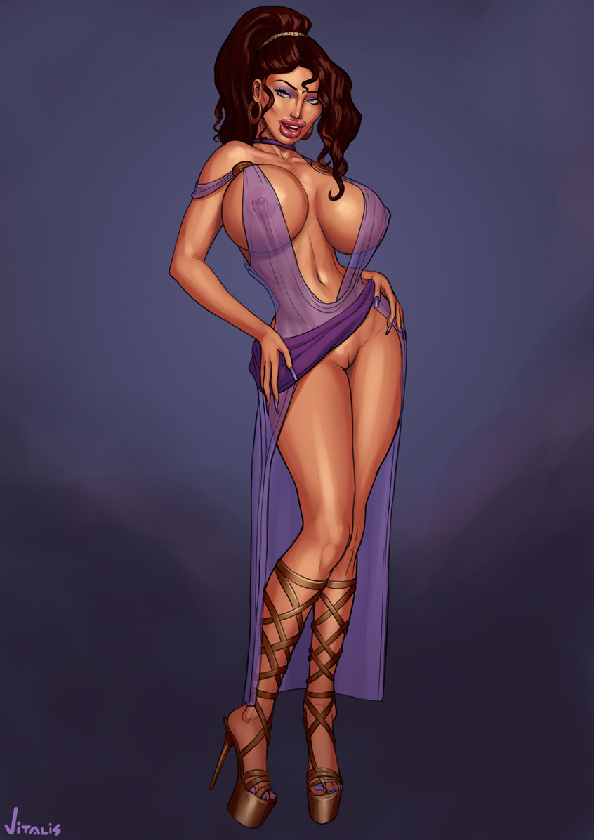 1girls, areola, bimbo, breasts, cleavage, curvy, disney, earrings, erect nipples, female, female only, hercules (disney), high heels, hoop earrings, hyper, hyper breasts, long nails, looking at viewer, megara, nipple bulge, nipples, nipples visible through clothing, no bra, no panties, open toe shoes, platform heels, pussy, skirt, skirt lift, solo, transparent clothing, vitalis