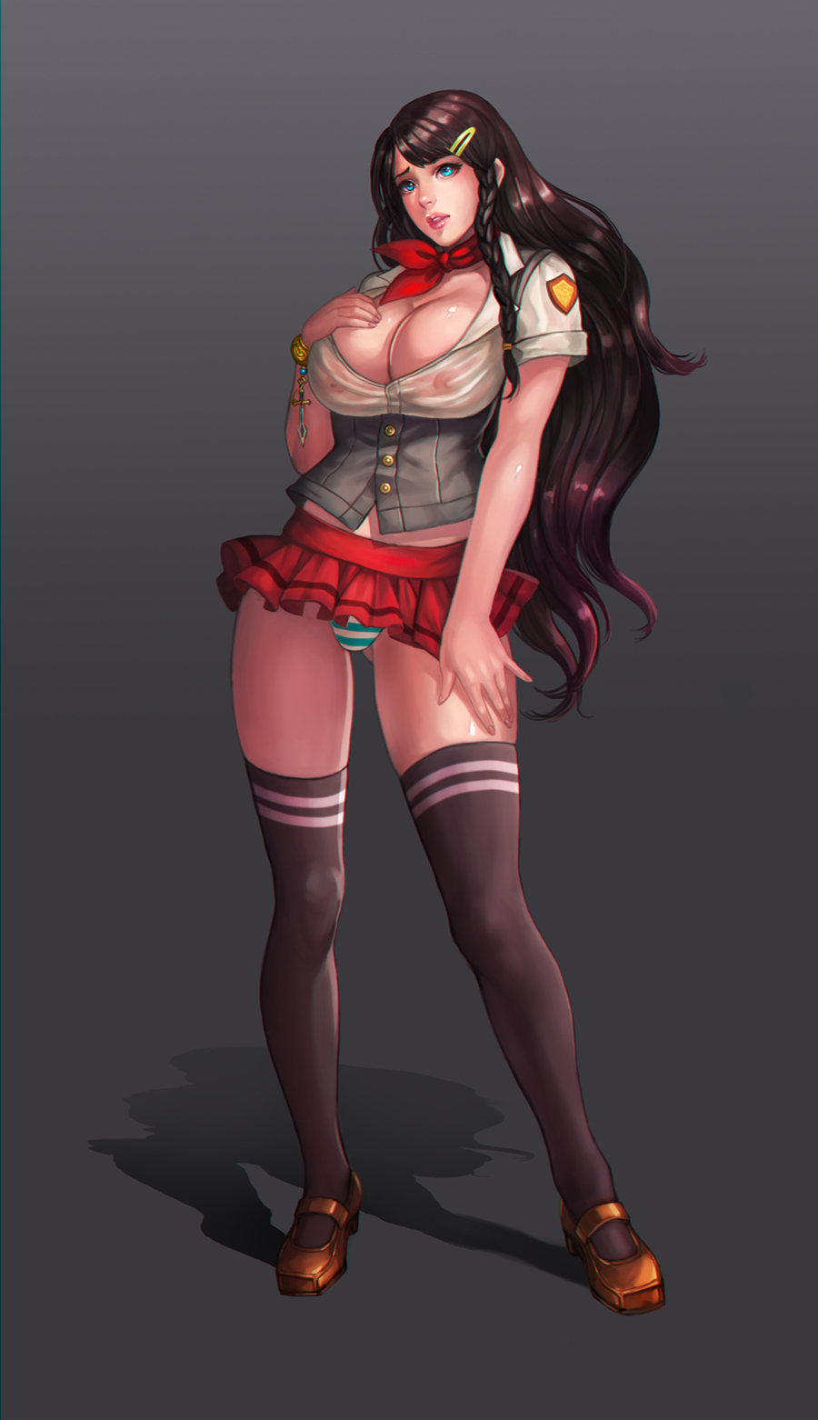 black hair, blue eyes, bracelet, breasts, cleavage, ecoas, female, hair, hairclip, large breasts, long hair, mary janes, nipples, panties, school uniform, see-through, serafuku, shirt, shoes, skirt, solo, standing, striped, striped panties, thighhighs