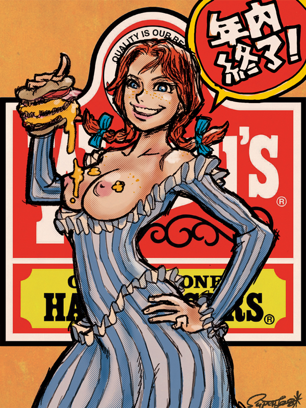 1girls areola artist_signature blue_eyes bowtie breasts breasts_out cheese erect_nipples exposed_breasts female female_only food freckles grin hairtie hamburger hand_on_hip holding_object japanese_text mustard nipples pigtails red_hair smile solo_female superlog teeth wendy's wendy_thomas