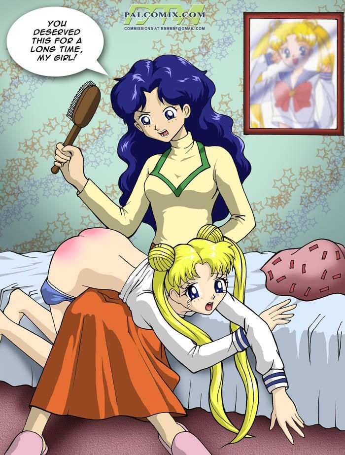 ass bishoujo_senshi_sailor_moon blue_hair clothing ikuko_tsukino open_mouth palcomix small_breasts spanking speech_bubble straight_hair usagi_tsukino