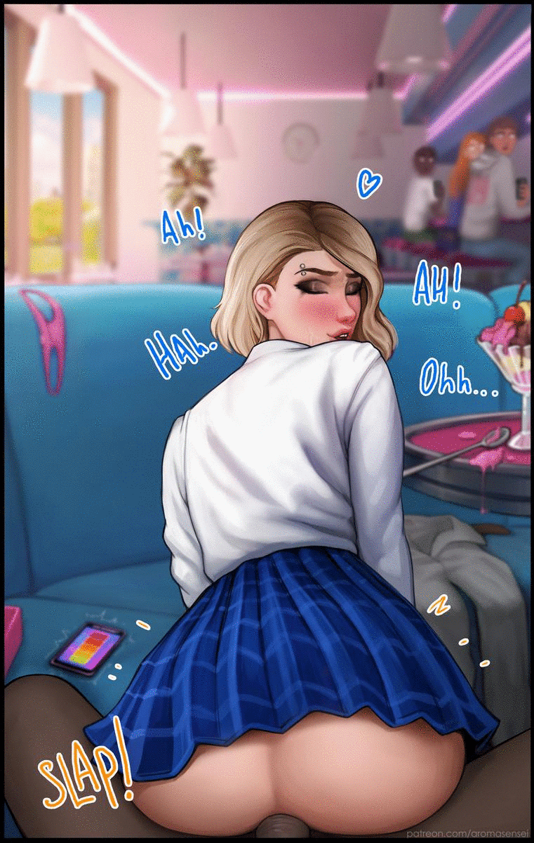 1girls, anal, anal juice, anal sex, animated, animated gif, aroma sensei, ass, blonde hair, blue eyes, clothing, cum, cum in ass, cum inside, dark skin, dark-skinned male, deep penetration, eye contact, eyeshadow, female, female on top, gif, gwen stacy, interracial, looking back, male, male/female, marvel, marvel comics, medium hair, miles morales, piercing, pleasure face, pov, reverse cowgirl position, riding, school uniform, schoolgirl, sex, short hair, skirt, spider-gwen, spider-man (series), spider-man: into the spider-verse, sweat