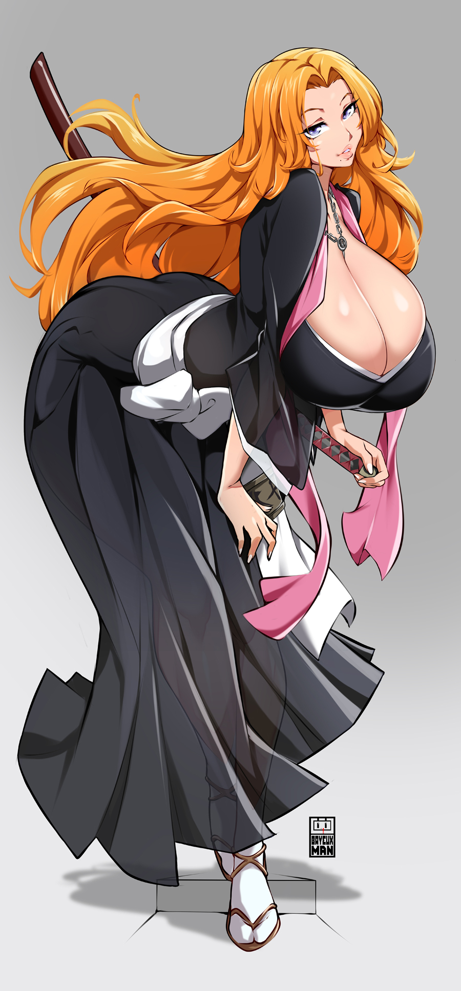 1girls, alternate version available, artist name, ass, bayeuxman, beauty mark, big breasts, bleach, blue eyes, breasts, clothing, curvy, eyelashes, female, female focus, female only, full body, grey background, highres, hips, holding object, holding weapon, huge breasts, human, jewelry, katana, kimono, large breasts, lips, long sleeves, matsumoto rangiku, mole, mole under mouth, necklace, orange hair, parted lips, pinup, sandals, sash, scarf, shiny skin, simple background, skindentation, socks, solo, solo female, sword, teeth, thick lips, thick thighs, thighs, translucent clothing, very long hair, voluptuous, watermark, weapon, wide hips