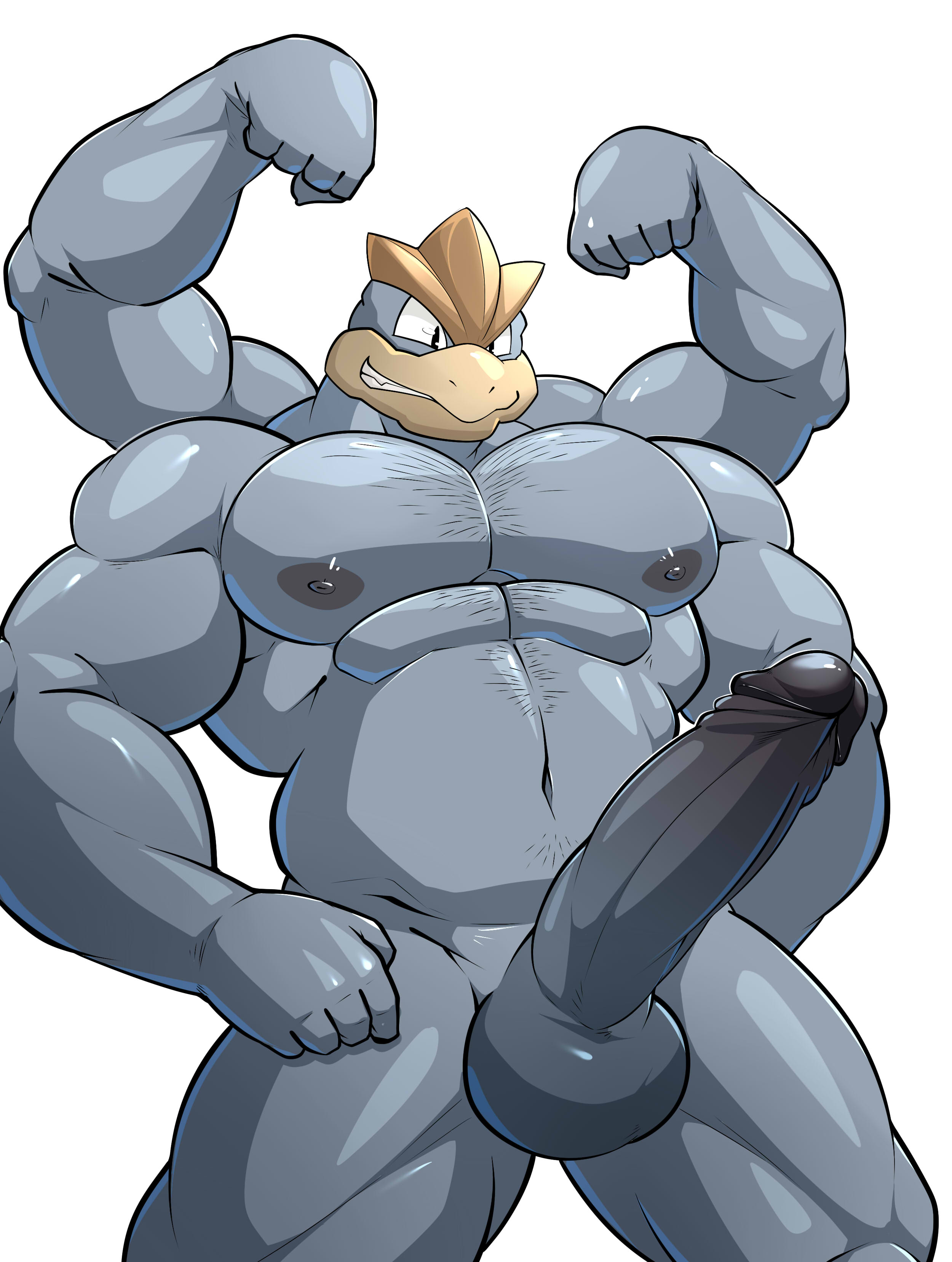 1boy, abs, anthro, areolae, balls, bara, belly, biceps, big balls, big penis, big testicles, black eyes, body hair, chest hair, erection, fang, flexing, grey penis, grey skin, hair, hairy, hairy chest, huge penis, humanoid penis, large balls, large testicles, long penis, looking down, machamp, maldu, male, male only, masculine male, multi arm, multi limb, musclegut, muscular, navel, nintendo, nipples, nude, pecs, penis, pokemon, pokemon (species), pokemon rgby, sharp teeth, smile, solo, standing, stomach hair, teeth, testicles, thick penis, thick thighs, triceps, uncensored, video games, white background, yaoi