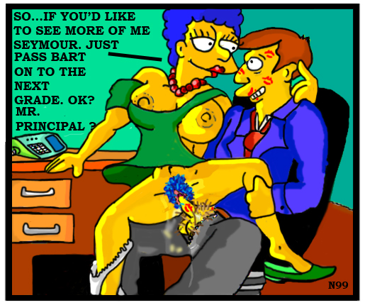 blue_hair bottomless breasts chair cheating cheating_wife clothing color desk dialog english_text female hair human kiss_mark lipstick male marge_simpson necklace necron99 pearl_necklace phone pubic_hair sex seymour_skinner sitting skin straight text the_simpsons vaginal_penetration yellow_skin