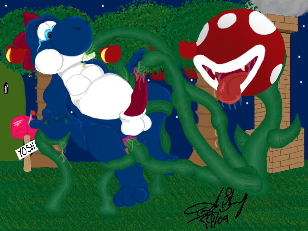 2009 color dresil interspecies male mario_(series) night nintendo nude outdoors penis piranha_plant side_view super_mario_world tagme testicles yoshi