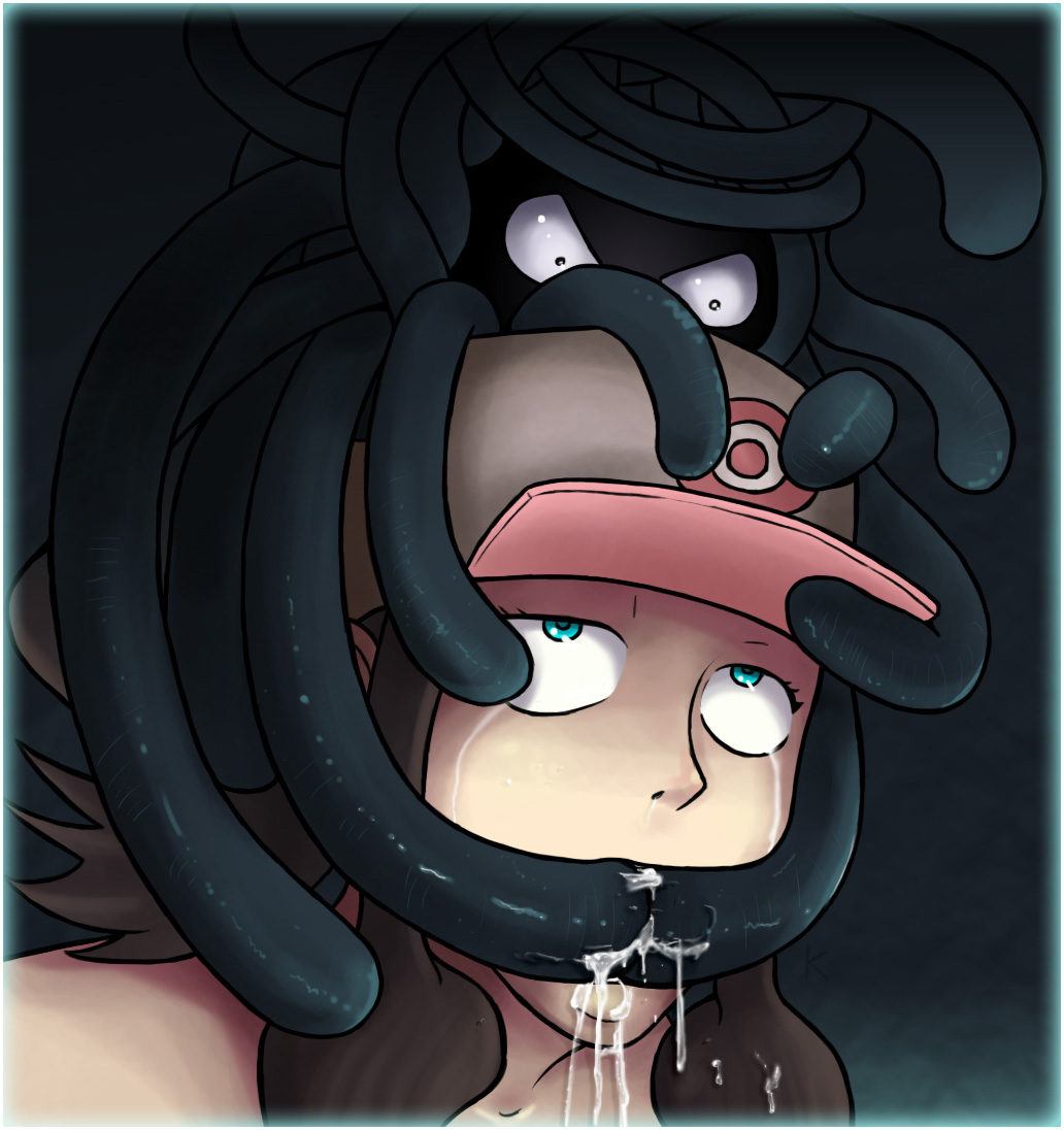 baseball_cap brown_hair cum cum_in_mouth cum_inside cyan_eyes female hat hilda_(pokemon) human krakensan pokemon pokemon_(species) pokephilia rape rolling_eyes tangela tears tentacle vines