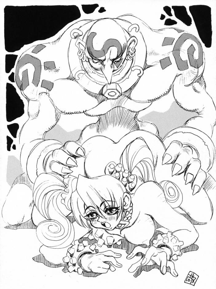 1997 1boy 1girls ass ass_up blush breasts effie_(street_fighter) erect_nipples leg_grab monochrome nipples nude_female sanbe_kei street_fighter tagme twintails