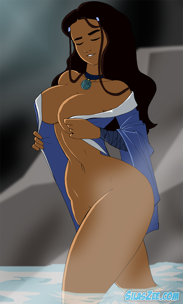 avatar_the_last_airbender black_hair breasts choker closed_eyes clothing convenient_censoring dark-skinned_female dark_skin female female_only human katara large_breasts long_hair midriff nude pendant silaszee smile solo straight_hair undressing water wide_hips