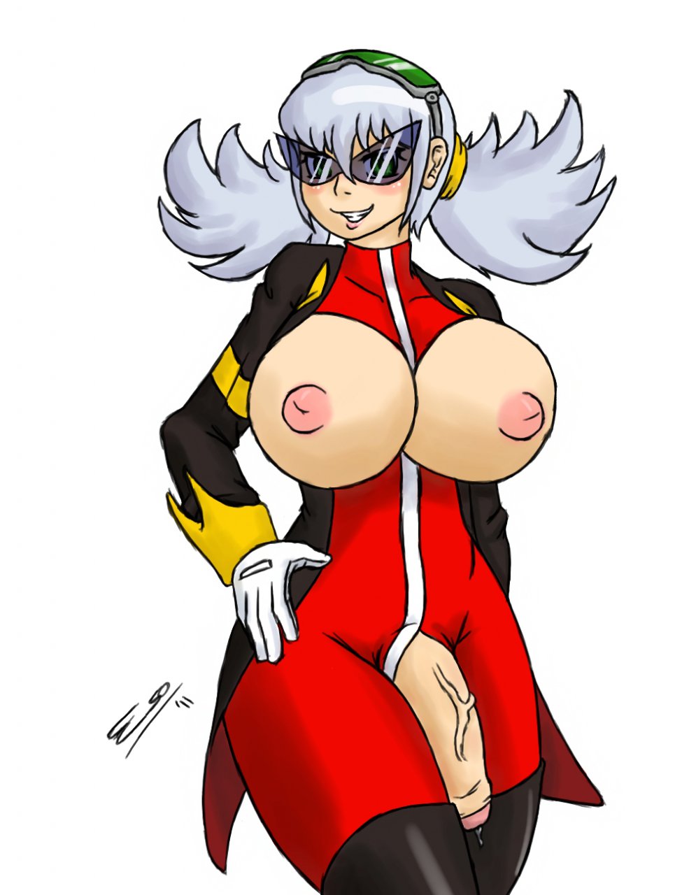 1futa beige_skin bodysuit breasts clothes color dickgirl eggman_nega eyewear flaccid front_view futa_only futanari genderswap glasses gloves green_eyes grey_hair hair hand_on_hip human intersex looking_at_viewer nipples open_eyes penis precum round_ears smile solo solo_futa sonic_(series) standing white_background