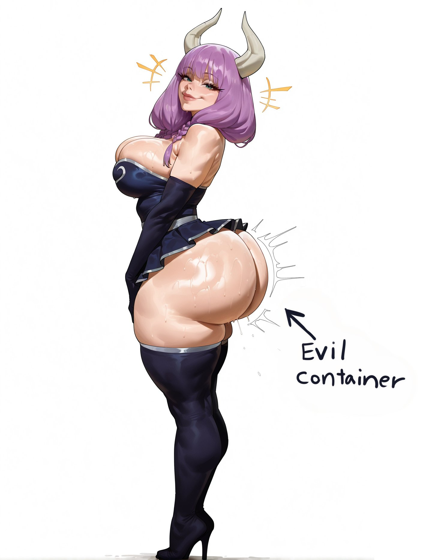 1girls, ai generated, alternate breast size, arrow (symbol), ass, aura (sousou no frieren), bare shoulders, blue eyes, braid, curvy, demon girl, demon horns, dress, elbow gloves, english text, evil container, female, from side, full body, high heel boots, high heels, huge ass, large breasts, lips, looking at viewer, low-braided long hair, meme, mnemosynekoto, multiple braids, purple hair, simple background, skindentation, smile, solo, sousou no frieren, standing, sweat, thick thighs, thigh boots, thighhighs, undersized clothes, white background