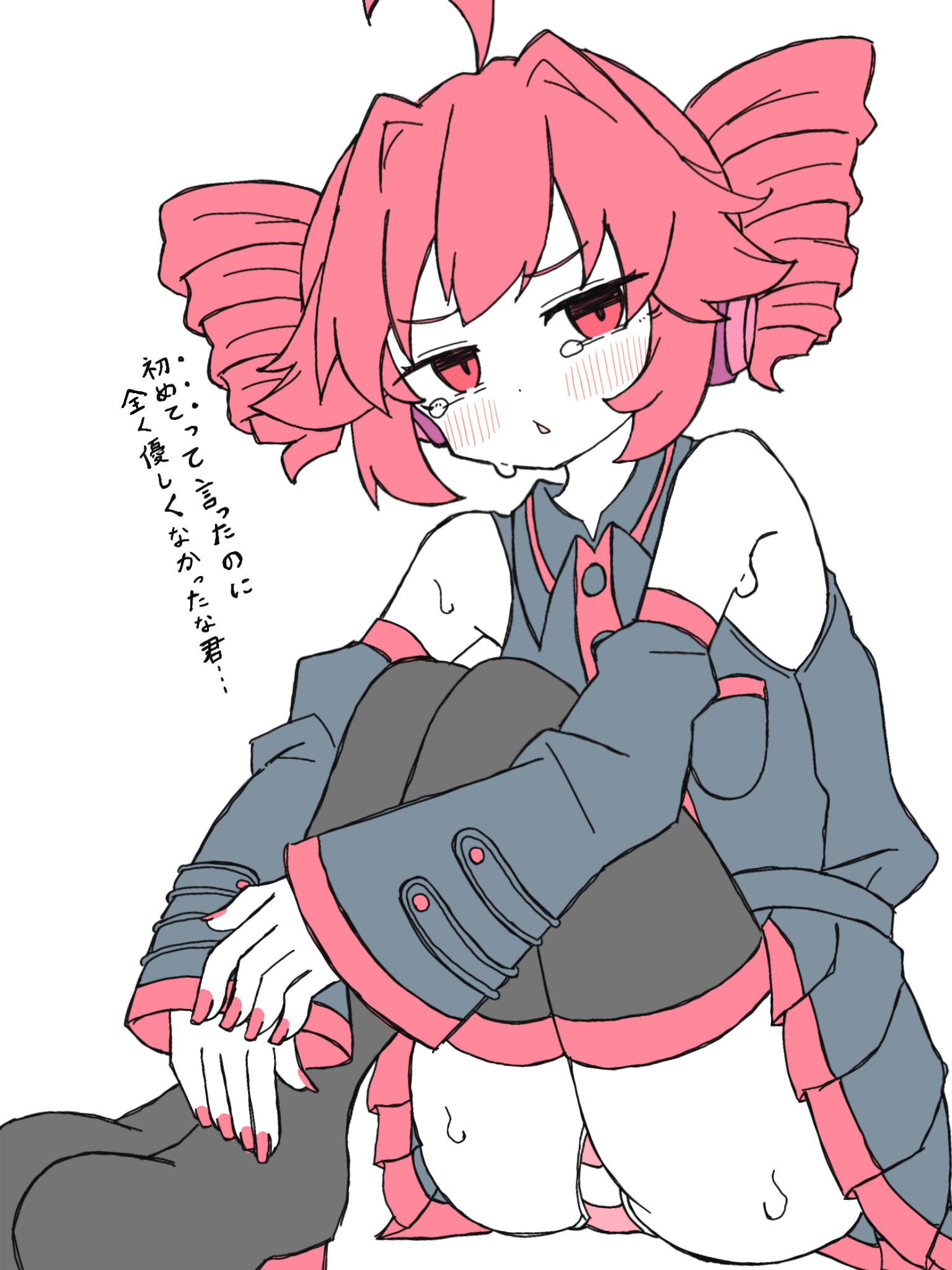 1girls, 2d, 2d (artwork), ahoge, blush, blush lines, clothed, clothed female, clothing, crying, detached sleeves, female, female only, flat colors, fully clothed, japanese text, kasane teto, knees together, legs together, looking at viewer, nail polish, open mouth, painted nails, panties, panty peek, pantyshot, petite, petite body, petite female, red eyes, red hair, red nails, simple background, sitting, skinny, skinny female, skirt, slim girl, slim waist, solo, solo female, striped panties, sweat, sweating, tearing up, tears, text, thick thighs, thighhighs, thighs, triangle mouth, tukemono6500, twin drills, upskirt, utau, white background