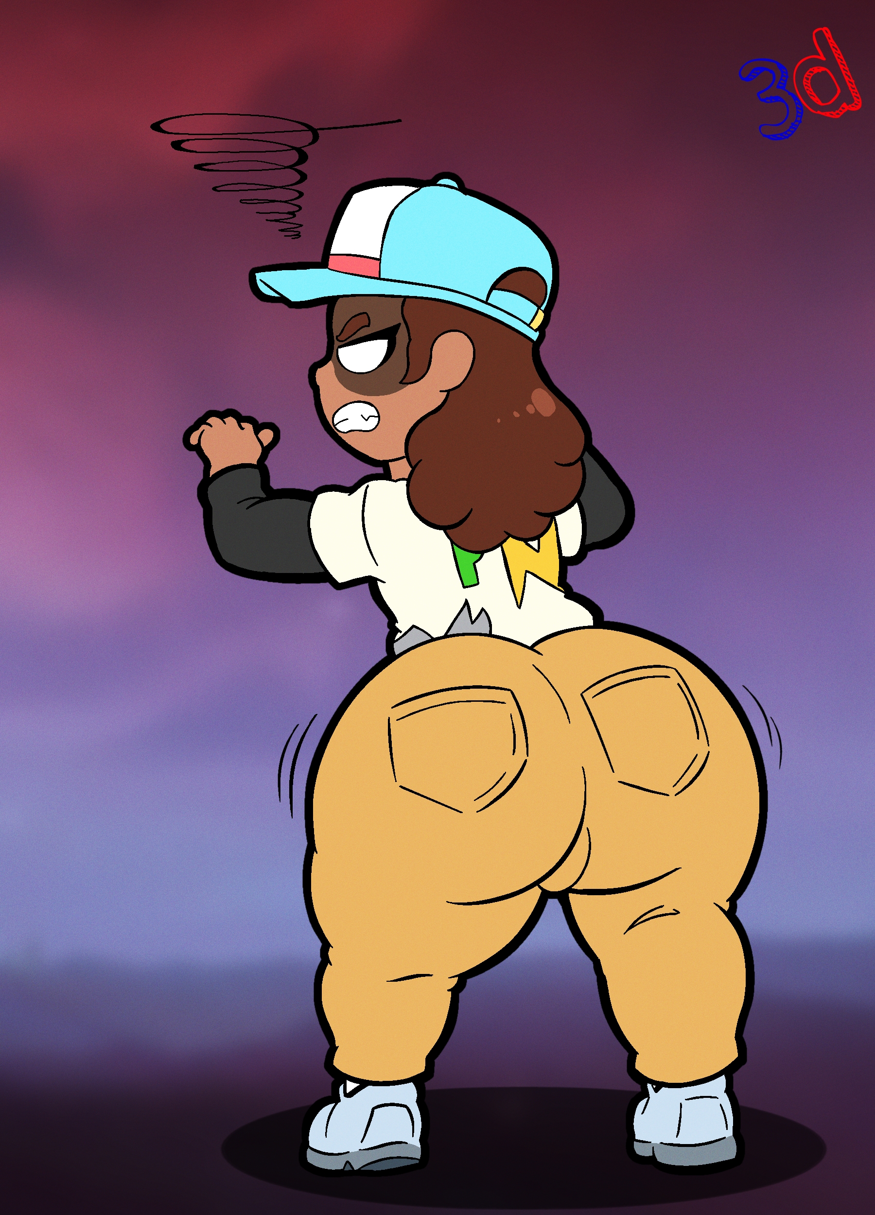 1girls, 3d glasses shorty, aged up, angry, angry expression, angry face, ass, ass bigger than body, ass bigger than head, ass focus, big ass, big butt, big hipped, big hips, brawl stars, brown hair, cap, clothing, crossover, curly hair, dark skin, dark-skinned female, dustin nita (brawl stars), female, huge ass, huge butt, huge thighs, jeans, looking at viewer, nita (brawl stars), plump ass, short hair, shortstack, solo female, stranger things, thick eyebrows, tight clothes, tight clothing, tight pants