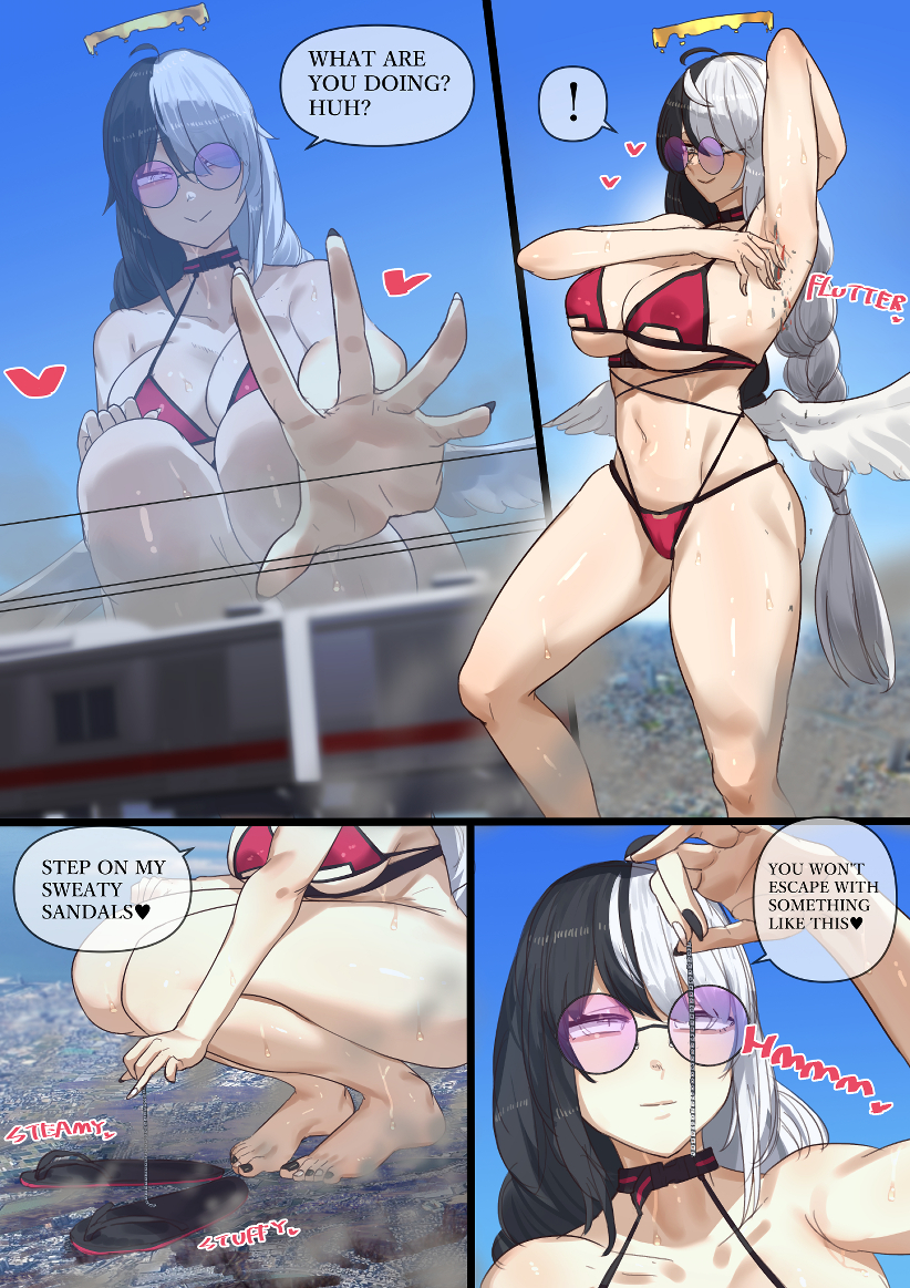 angel, anime style, barefoot, bikini, black hair, blush, blushing, bra, city, cityscape, close-up, comic, comic page, crush, crushing, daytime, destruction, fingernails, fingers, from below, giantess, glasses, grabbing, halo, hand, heart, kikimifukuri, long hair, macrophilia, manga, manga page, multicolored hair, necklace, painted nails, painted toenails, perspective, pixiv, pov, red bikini, red bra, round glasses, sandals, smoke, speech bubble, stepped on, sweat, sweating, toenails, translated, two-tone hair, white eyes, white hair