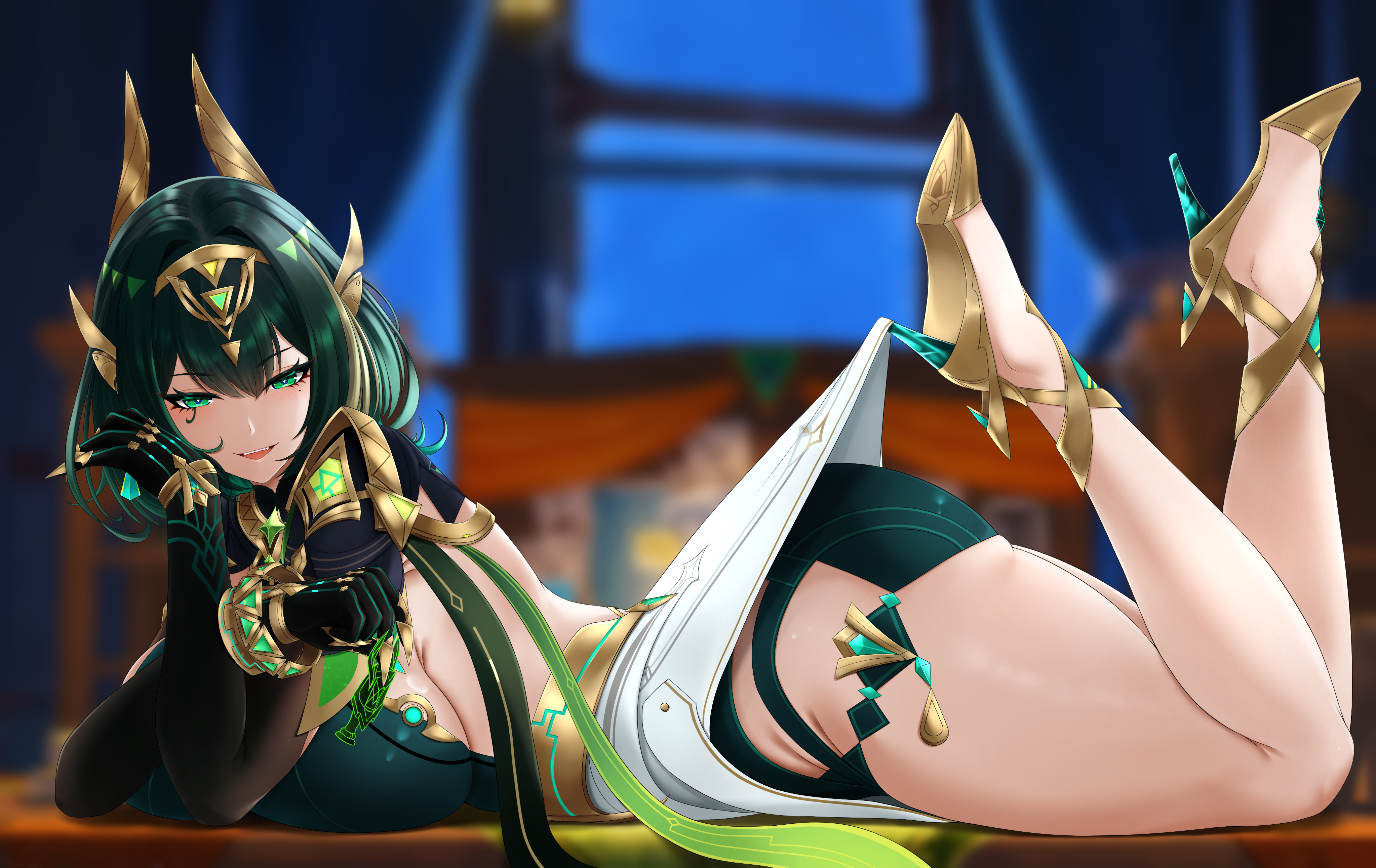 1girls, ass, big ass, big breasts, breasts, female, female only, genshin impact, green eyes, green hair, heels, lace pantyhose hooked on heel (meme), lying, lying on stomach, mhaknow, nefer (genshin impact), shoes, solo, thick thighs, wide hips