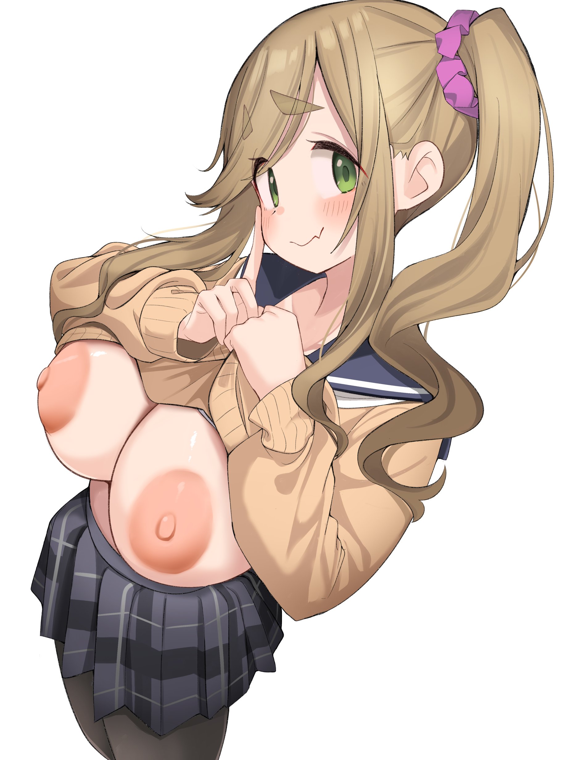1girls, areola, areolae, big breasts, black legwear, black pantyhose, black stockings, black tights, blue skirt, blush, blush face, blushing at viewer, blushing female, blushing lines, breasts, brown eyes, brown-eyed female, busty, busty female, busty girl, closed mouth smile, embarrassed, embarrassed exposed female, embarrassed expression, embarrassed female, embarrassed nude female, exposing, exposing breasts, exposing chest, exposing nipple, exposing self, eyebrows visible through hair, female, female only, gogoborunga, green eyes, green-eyed female, half naked, half nude, head tilt, huge boobs, huge breasts, inuyama aoi, large boobs, large breasts, legwear, naked, naked female, naked woman, nervous, nervous expression, nervous face, nervous female, nervous smile, nervous sweat, nipples, nude, nude female, nudity, pantyhose, pink areola, pink areolae, pink nipples, plump breasts, ponytail, presenting breasts, semi nude, showing breasts, showing chest, showing nipple, shy, shy expression, shy female, shy girl, shy smile, side ponytail, sidelocks, skirt, smile, smiley face, smiling, smiling at viewer, smirk, stockings, tights, tilted head, white background, yurucamp