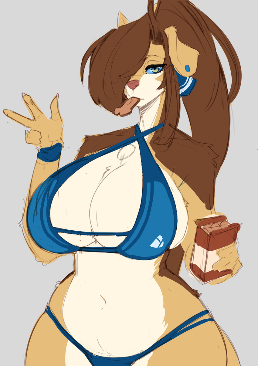 2024, absurd res, anthro, big breasts, bikini, blue sclera, body, bracelet, breasts, brown hair, canid, canine, canis, clothed, clothing, dog food, dog girl, domestic dog, ear piercing, eating, faizenek, female, fingers, food, fur, furry, furry female, gesture, grey background, hair, hair5, half-length portrait, hand gesture, hi res, huge breasts, hybrid, inu-sama, jewelry, kela (the dogsmith), large breasts, long, long hair, looking at viewer, mammal, mammal humanoid, meta, multicolored body, multicolored fur, piercing, ponytail, portrait, sexy female, simple background, solo, swimwear, tan, the dogsmith, two tone body, two tone fur, two-piece swimsuit, unfinished, v sign, white body, white fur, wide hips, wolfdog