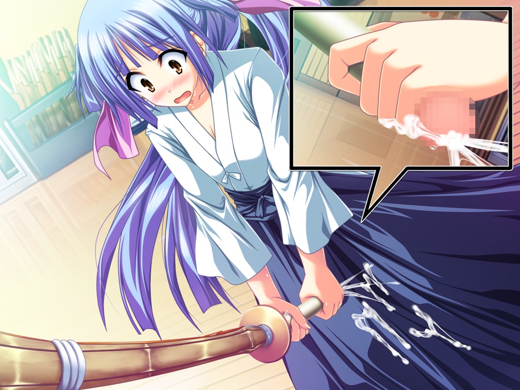 1boy 1girls blue_hair blush casual censored cleavage clothing cum cum_on_clothes cum_on_dress cum_on_hand cumshot dress ejaculation erection female handjob henshin_3 kendo kendo_gi long_hair male open_mouth penis remote_transfer shinai straight surprised unaware_handjob what wooden_sword