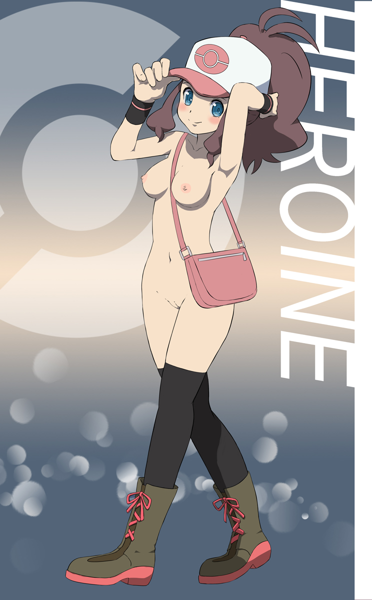 bag, baseball cap, black legwear, black thighhighs, blue eyes, boots, bottomless, breasts, brown hair, erect nipples, female, female only, hat, highres, hilda (pokemon), human, innie pussy, long hair, makoto daikichi, naked footwear, naked thighhighs, navel, nintendo, nipples, nude, pokemon, pokemon bw, ponytail, pussy, smile, solo, thighhighs, tied hair, uncensored