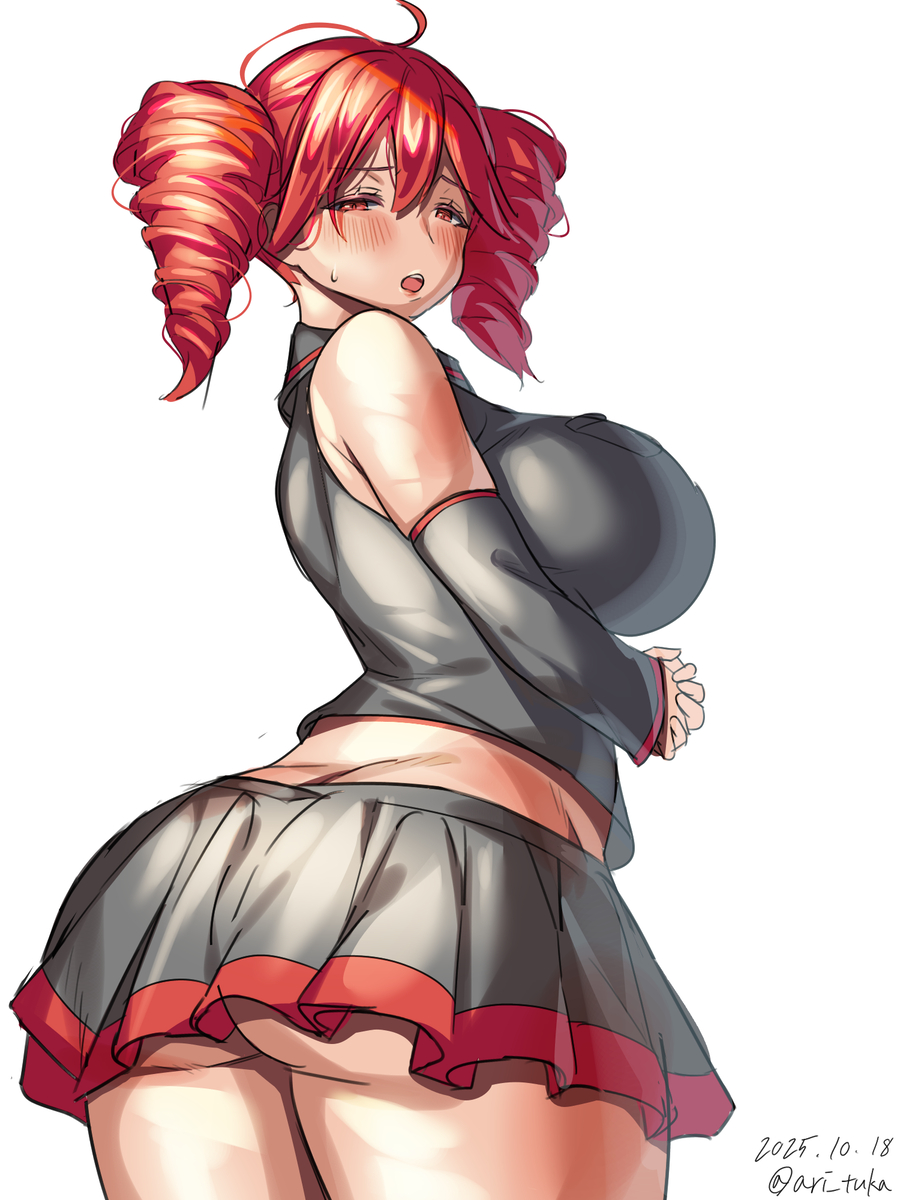 1girls, 2d, 2d (artwork), ahoge, alternate version available, arched back, ari tuka, artist name, artist signature, ass, ass cleavage, back, back view, big ass, big breasts, big thighs, blush, blush lines, breasts, breasts bigger than head, clothed, clothed female, clothing, crop top, cropped jacket, curvaceous, curvy, curvy female, curvy figure, detached sleeves, exposed ass, exposed belly, fat ass, fat breasts, fat thighs, female, female only, fully clothed, gluteal fold, half-closed eyes, horny, horny female, huge ass, huge breasts, huge thighs, ineffective skirt, kasane teto, large ass, large breasts, large thighs, looking at viewer, looking back, mature, mature female, microskirt, miniskirt, no panties, open mouth, plump, plump ass, plump breasts, plump thighs, pose, posing, red eyes, red hair, seductive, seductive look, seductive pose, seductive smile, sideboob, simple background, skirt, solo, solo female, sticking ass out, sweat, sweatdrop, sweating, thick thighs, thighs, twin drills, upskirt, utau, visible ass, voluptuous, voluptuous female, white background, wide hips