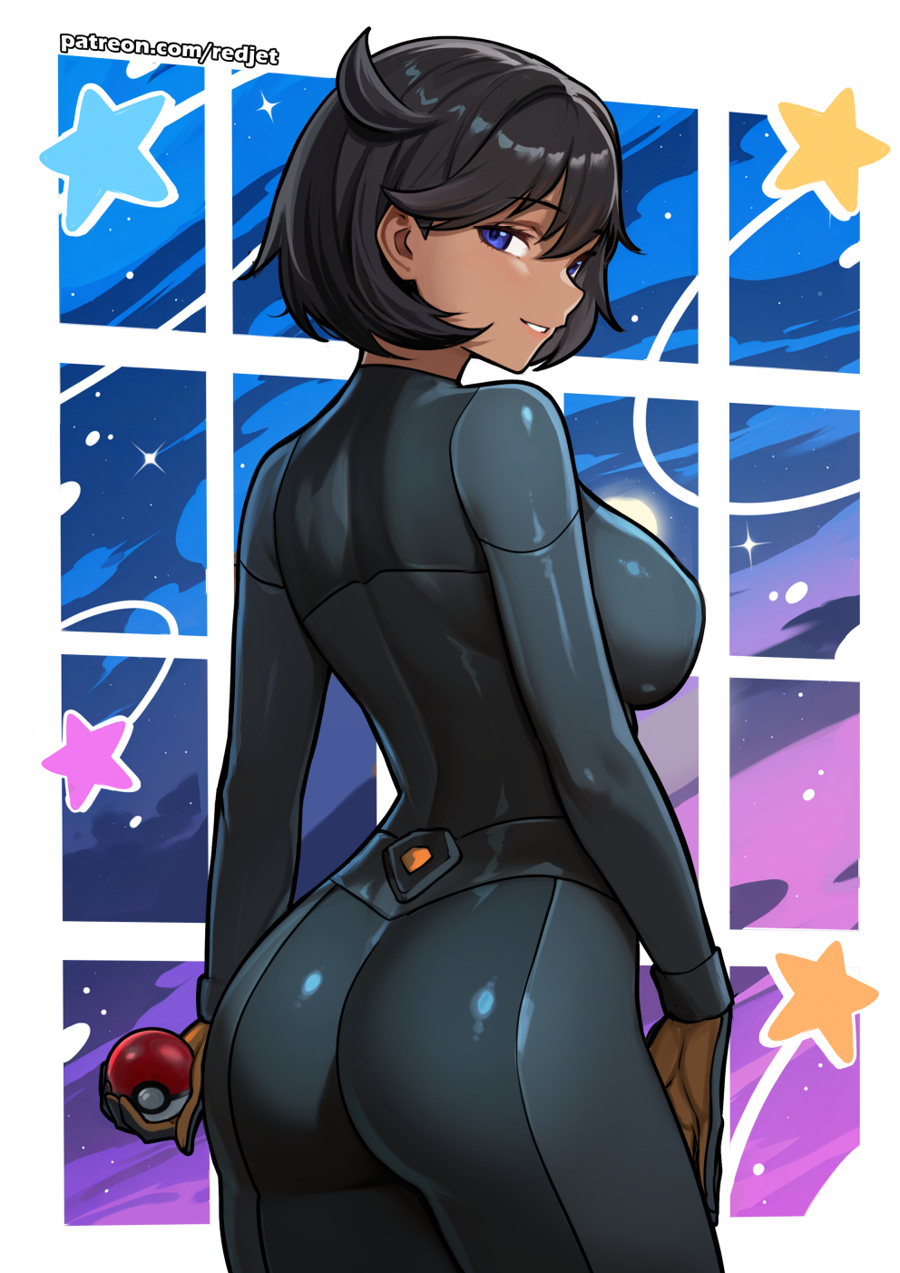 ass, black bodysuit, black hair, blue eyes, bodysuit, breasts, brown gloves, commentary request, dark skin, dark-skinned female, emma (pokemon legends: z-a), emma (pokemon), female, from behind, game freak, gloves, highres, holding, holding poke ball, large breasts, long sleeves, looking at viewer, looking back, matiere (pokemon legends: z-a), matiere (pokemon), nintendo, no jacket, patreon username, poke ball, poke ball (basic), pokemon, pokemon legends: z-a, pokemon za, redjet, short hair, smile, solo, star (symbol)