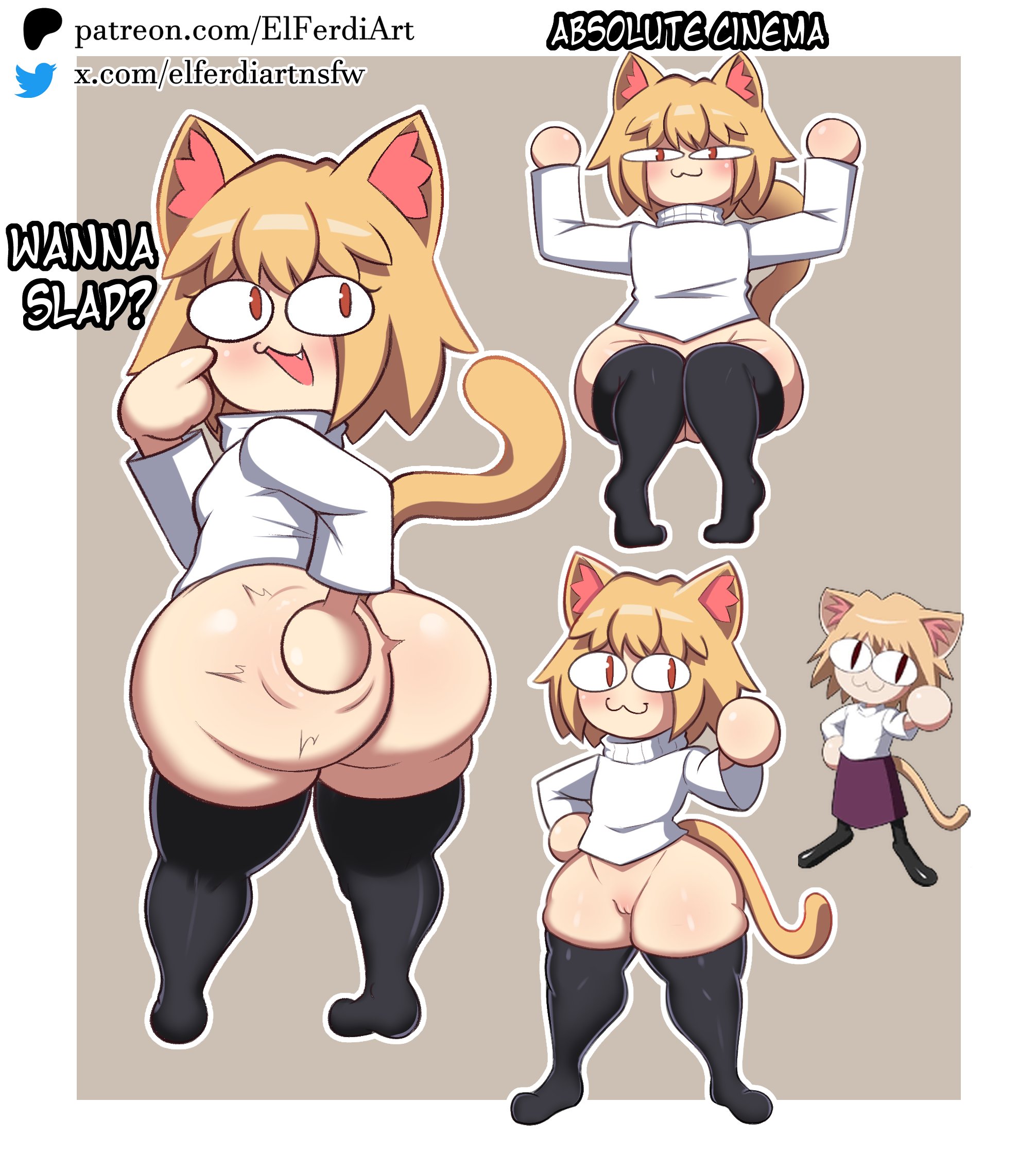 :3, 1girls, 2026, 2d, absolute cinema, anthro, ass, ass focus, big ass, black thighhighs, blonde hair, bottom heavy, bottomless, cat ears, cat tail, catgirl, elferdiart, elferdiartnsfw, english text, feline, female, furry, furry female, light skin, light-skinned female, melty blood, neco-arc, pussy, red eyes, slapping butt, slapping own ass, solo, solo anthro, solo female, text, thick thighs, thighhighs, thighs, tsukihime, twitter link, vagina