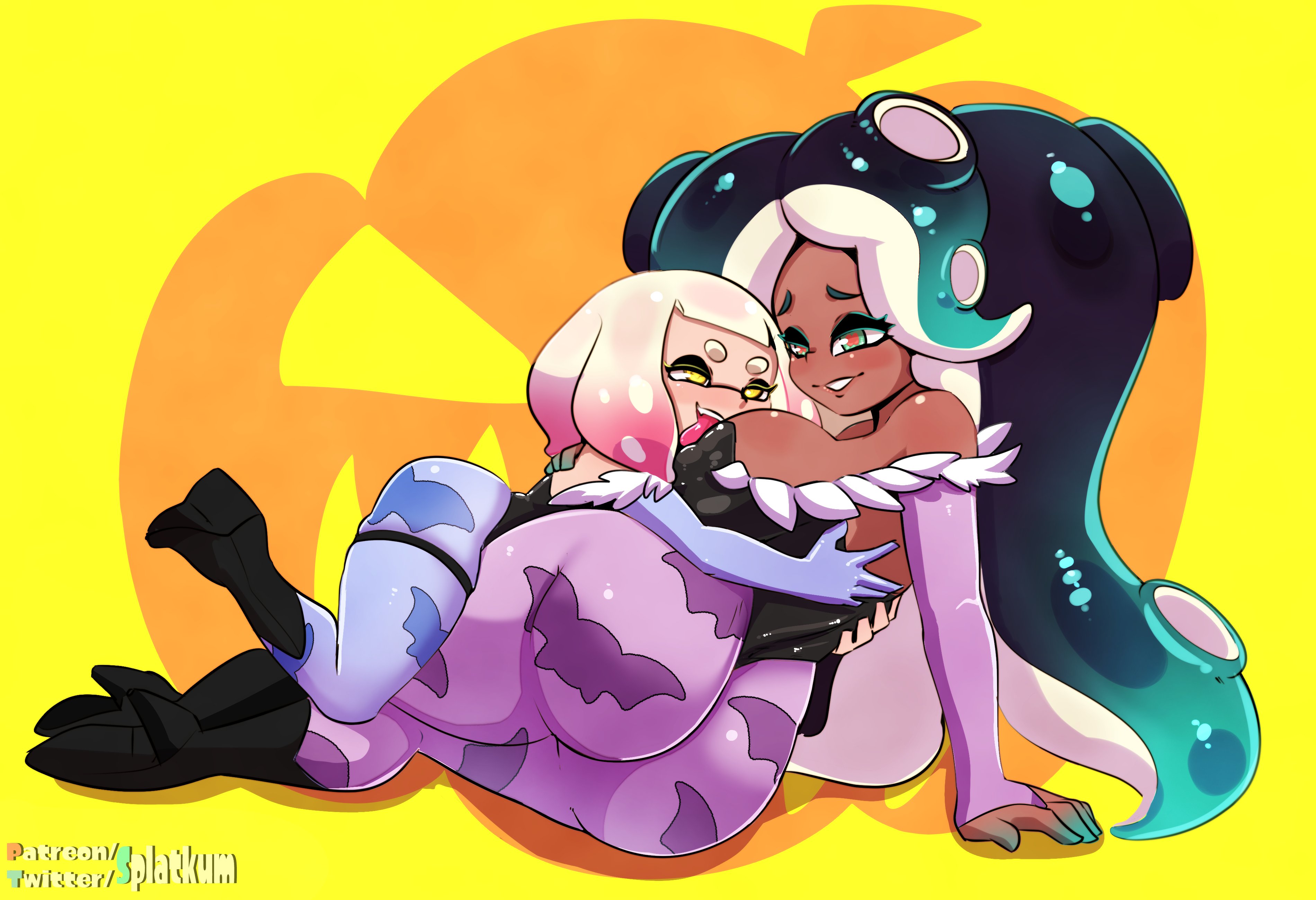 2girls, absurd res, absurd resolution, absurdres, ass, back, back grab, backless outfit, bare back, bare shoulders, big ass, big breasts, big butt, black hair, blush, breasts, bubble ass, bubble butt, busty, chocolate and vanilla, cosplay, curvaceous, curvy, curvy female, curvy figure, dark skin, dark-skinned female, darkstalkers, embrace, embracing, fat ass, female, female focus, female only, female/female, grabbing back, green eyes, green hair, hi res, high resolution, highres, horny, horny female, hoxcomix, hugging, humanoid, humanoid female, inkling, interracial, licking, licking breast, light skin, light-skinned female, lilith aensland (cosplay), long hair, long-haired female, looking at each other, marina (splatoon), morrigan aensland (cosplay), nintendo, nipple bulge, octoling, pearl (splatoon), short hair, short-haired female, sideboob, simple background, size difference, smile, smiling, smiling at partner, splatcum, splatoon, splatoon (series), splatoon 2, tagme, tentacle hair, thick thighs, thighs, voluptuous, voluptuous female, yellow eyes, yuri, zealvoir