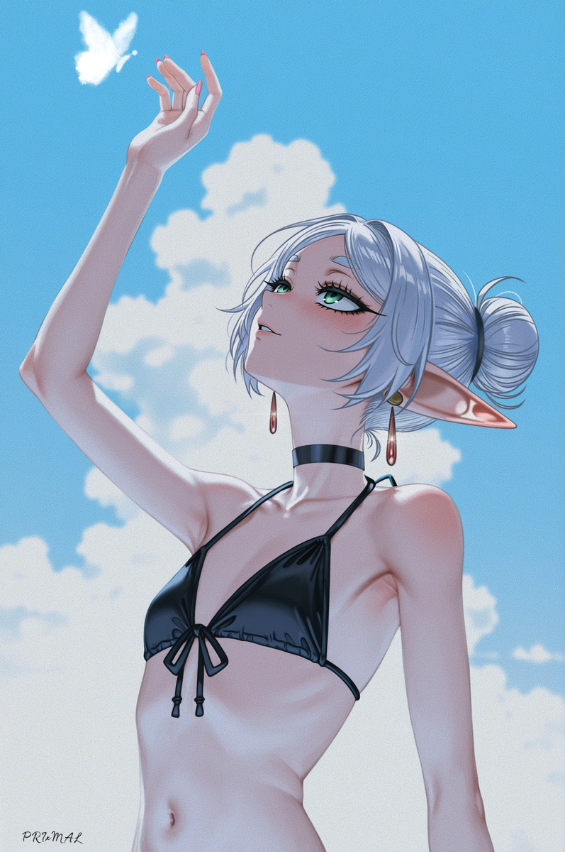 1girls, armpits, artist signature, belly, belly button, black bra, blue sky, bra, choker, clouds, earrings, elf, elf ears, elf female, female, female focus, female only, flat chest, frieren, frieren beyond journey's end, green eyes, happy, high resolution, petite, petite body, petite female, prixmal, smile, sousou no frieren, summer, tied hair, upward angle frieren drawing (meme), white hair