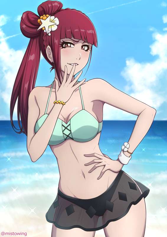1girls, beach, big breasts, bleach, bleach: the thousand-year blood war, breasts, dokugamine riruka, female, hair, light skin, light-skinned female, long hair, mistowing, red hair, solo, solo female