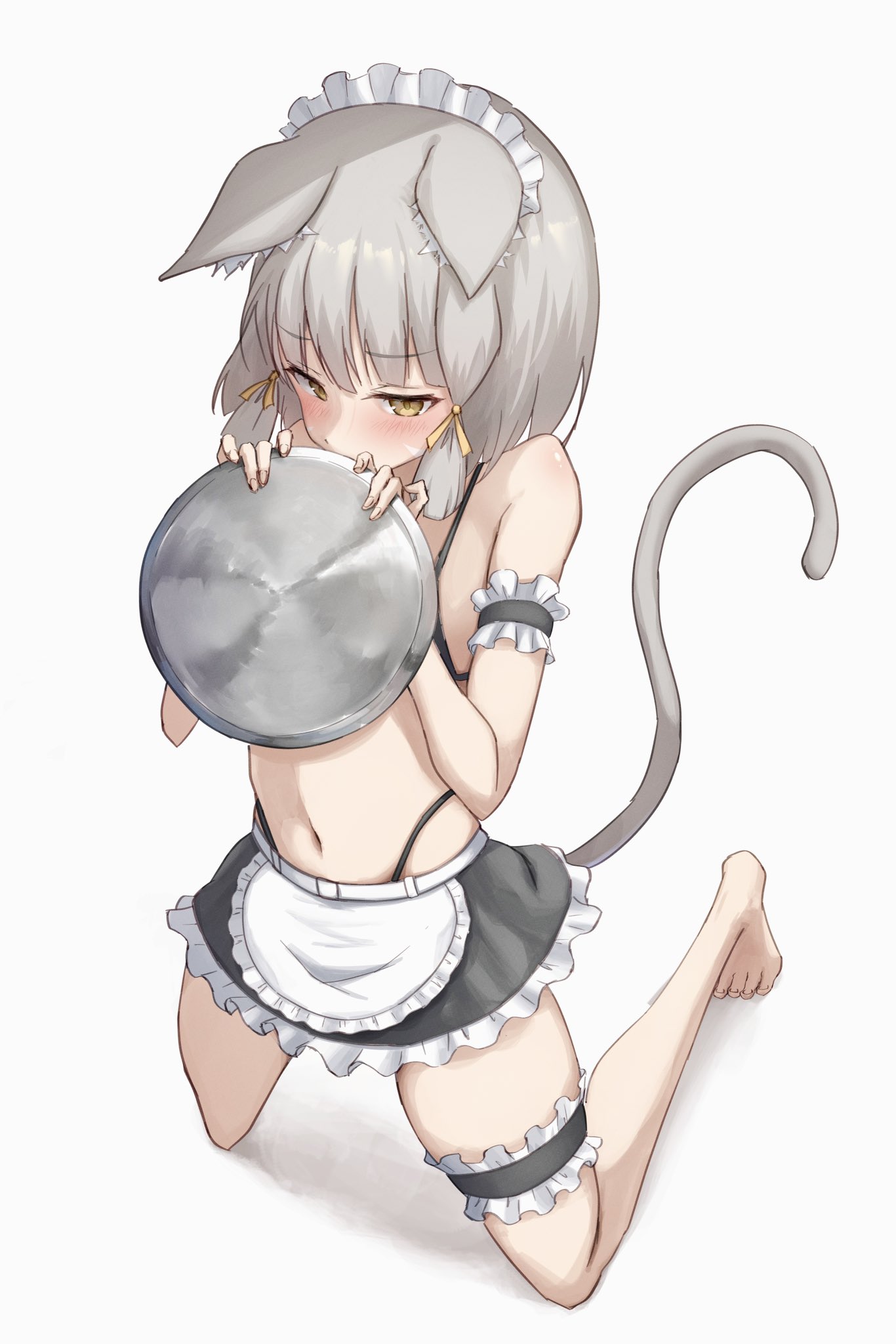 animal ears, apron, barefoot, bikini, bikini skirt, black bikini, blush, blushing profusely, cat ears, cat girl, cat tail, embarrassed, female, frilled apron, frilled skirt, frills, full body, grey hair, highres, holding, holding tray, maid, maid apron, maid headdress, navel, nekomimi, nia (xenoblade), okazu2010015, short hair, simple background, skirt, solo, stomach, swimsuit, tail, thigh strap, toes, tray, waist apron, white background, xenoblade (series), xenoblade chronicles 2, yellow eyes