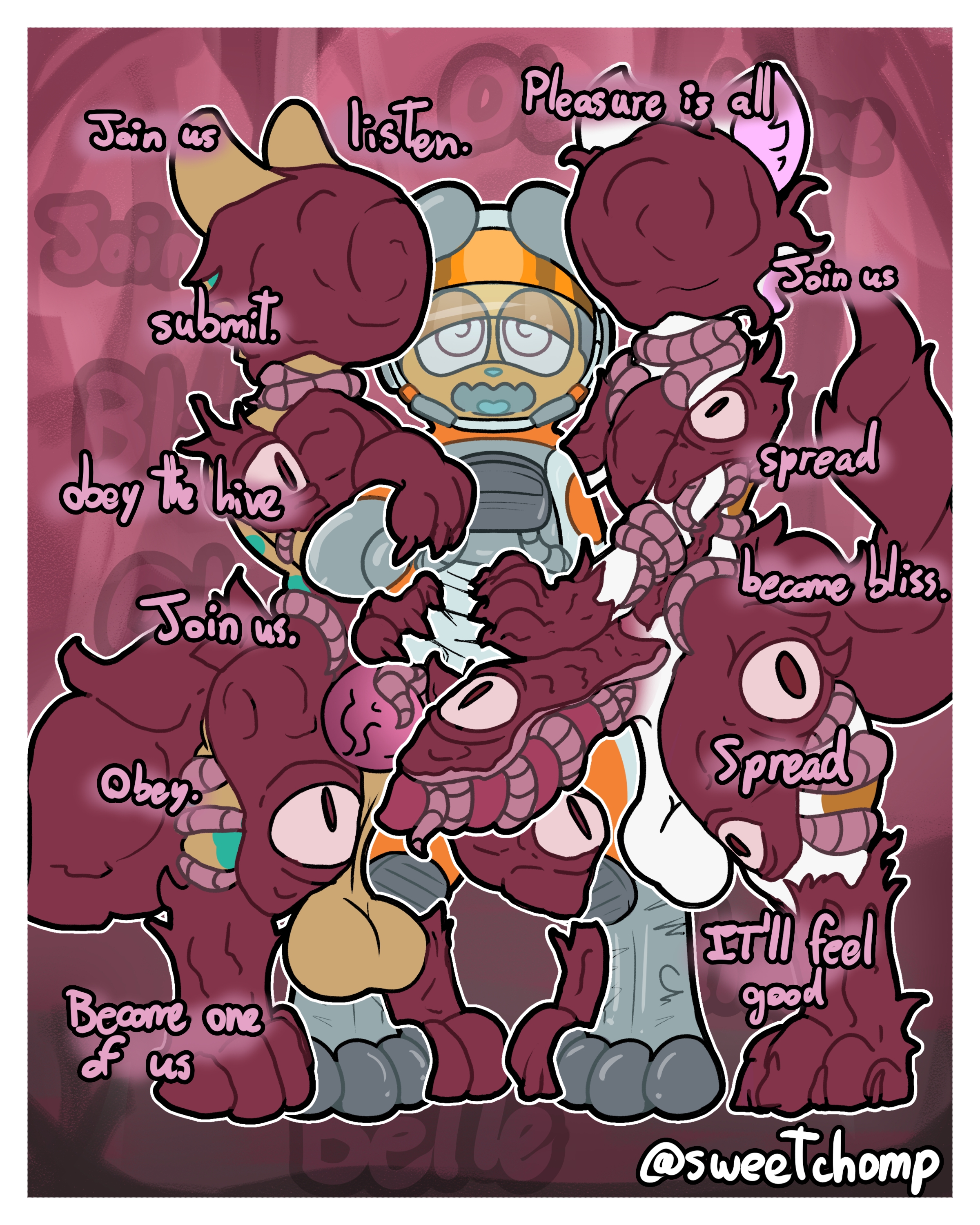 alex (evilneedshealing), anthro, assimilation, blue mouth, blue nose, blue spots, brown spots, canid, canine, canis, domestic dog, furry, grabbing, group, hyena, imminent assimilation, imminent infestation, infestation, knot, male, male only, male/male, mind control, multiple males, parasite, parasitic possession, penis, pink spots, raylin (unvolarium), rocket (sweetchomp), spacesuit, spiral eyes, spotted hyena, sweetchomp, tan fur, trio, white fur