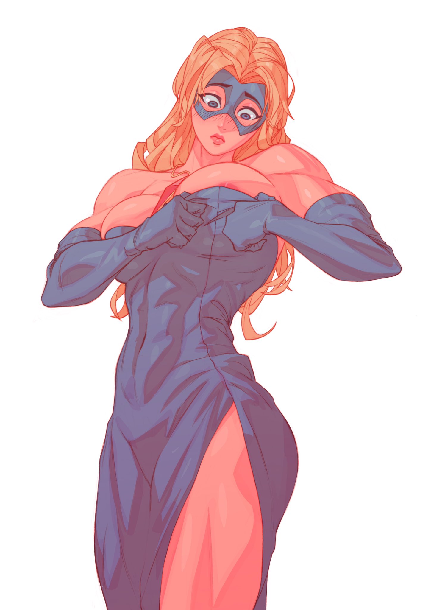 1girls, areola, areola slip, areolae, areolae slip, big breasts, blonde blazer, blonde female, blonde hair, blush, blushing, busty, cleavage, dispatch (game), dress, female, female only, fit, fit female, large breasts, light skin, light-skinned female, mandy (dispatch), mask, masked, masked female, rebigaki art, superheroine, thighs, toned female, yknivel