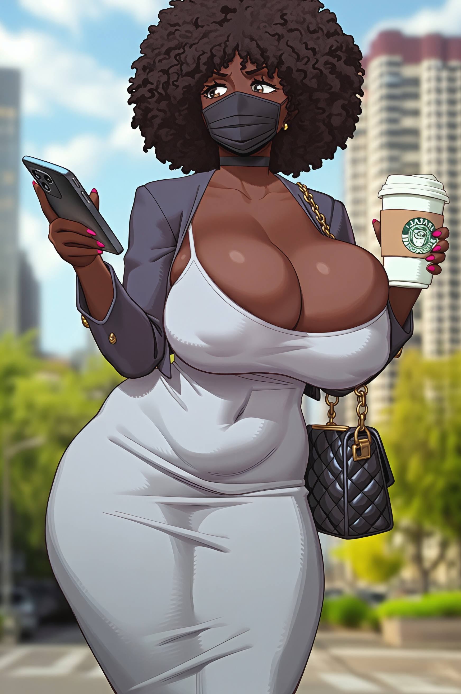 1girls, african female, afro, ai generated, big breasts, black woman, brown eyes, brown hair, choker, cleavage, coffee, coffee cup, curly hair, dark skin, dark-skinned female, dress, face mask, female, female only, huge breasts, mask, mrtecta, original, original character, outdoors, outside, solo, solo female