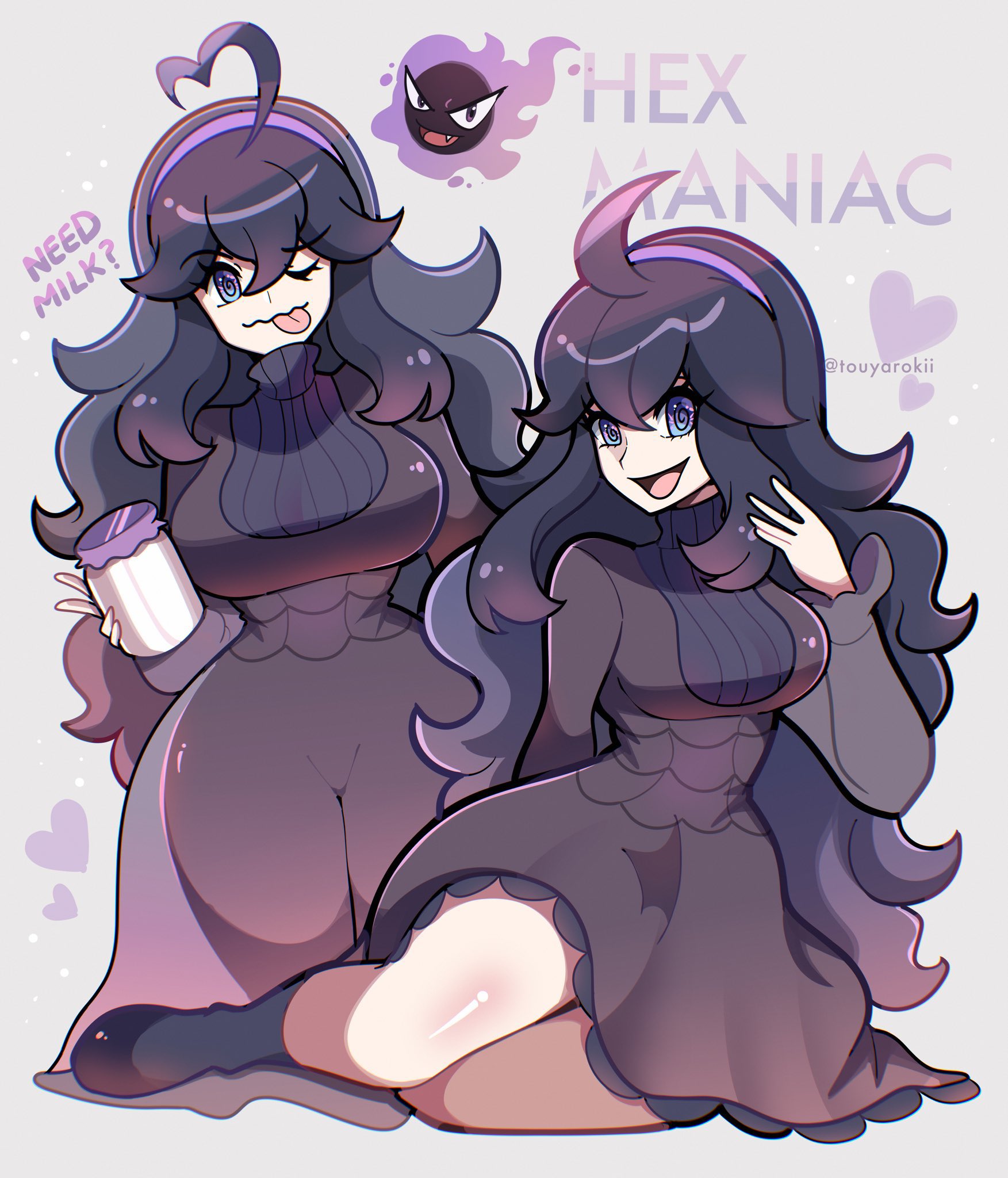 1girls, ahoge, big breasts, breasts, dress, female, female only, hairband, heart, hex maniac, hex maniac (pokemon xy), large breasts, long hair, looking at viewer, milk, multiple views, nintendo, open mouth, pokemon, pokemon (creature), pokemon xy, purple eyes, purple hair, purple hairband, ribbed sweater, smile, spiral eyes, sweater, tongue, tongue out, touyarokii, turtleneck, turtleneck dress