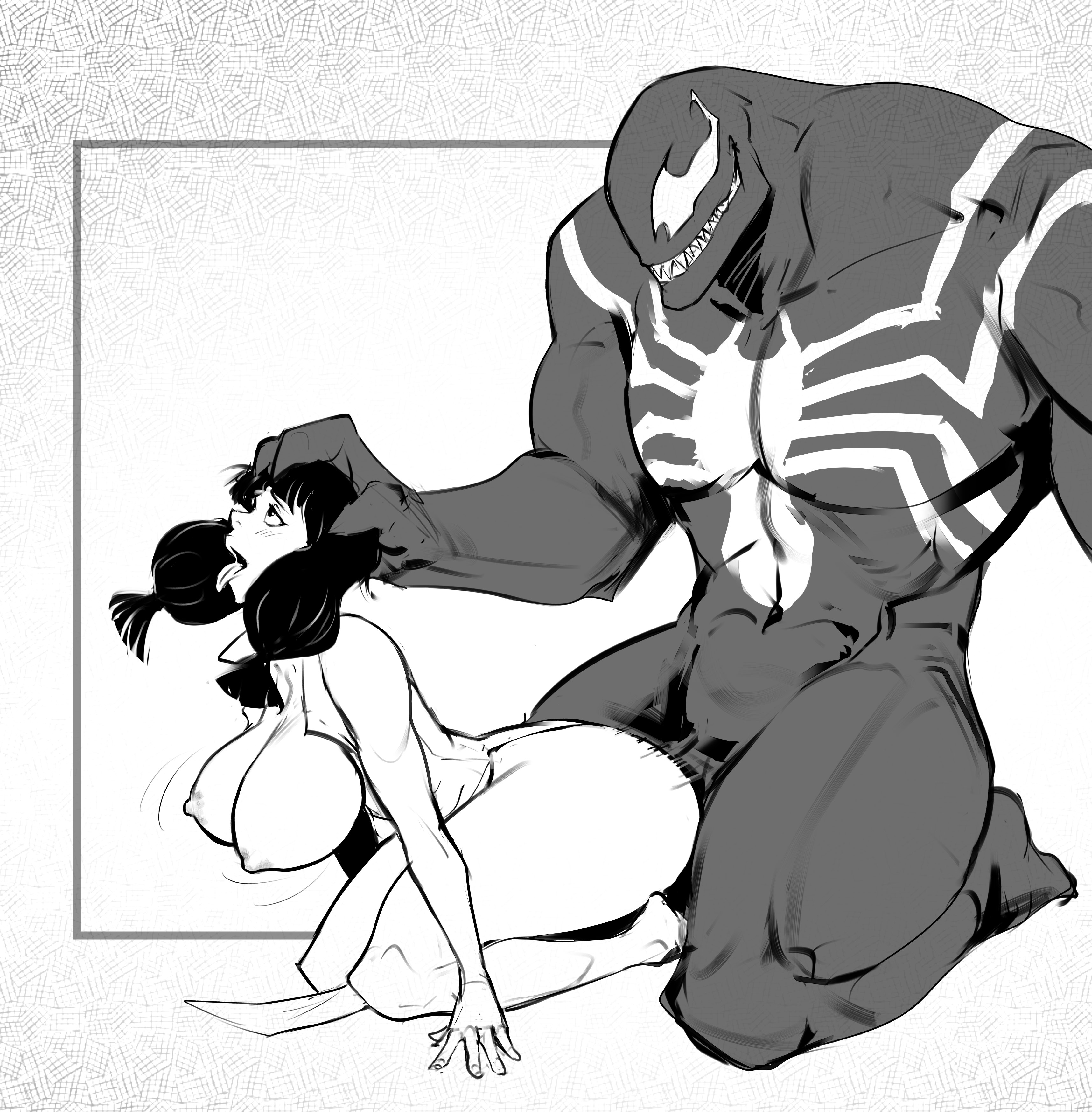 ahegao face, asian, asian female, big breasts, china dress, chinese, chinese clothes, chinese female, from behind, from behind position, hand on head, huge breasts, izra, kneeling, marvel, marvel comics, marvel rivals, original character, sex, sex from behind, size difference, tongue, tongue out, venom (marvel rivals), venom (marvel), zhen li