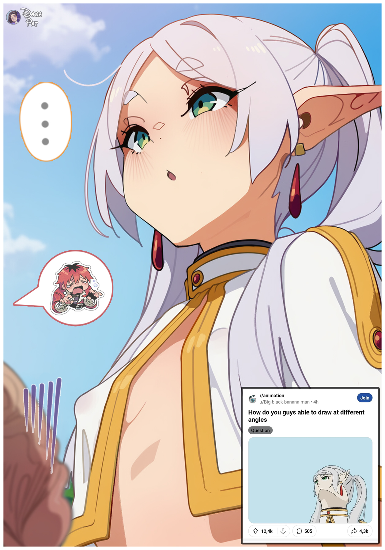 1girls, dawapat, elf, elf ears, elf female, english text, exposed chest, frieren, frieren beyond journey's end, meme, pointy ears, silver hair, sousou no frieren, stark (sousou no frieren), twintails, upward angle frieren drawing (meme)