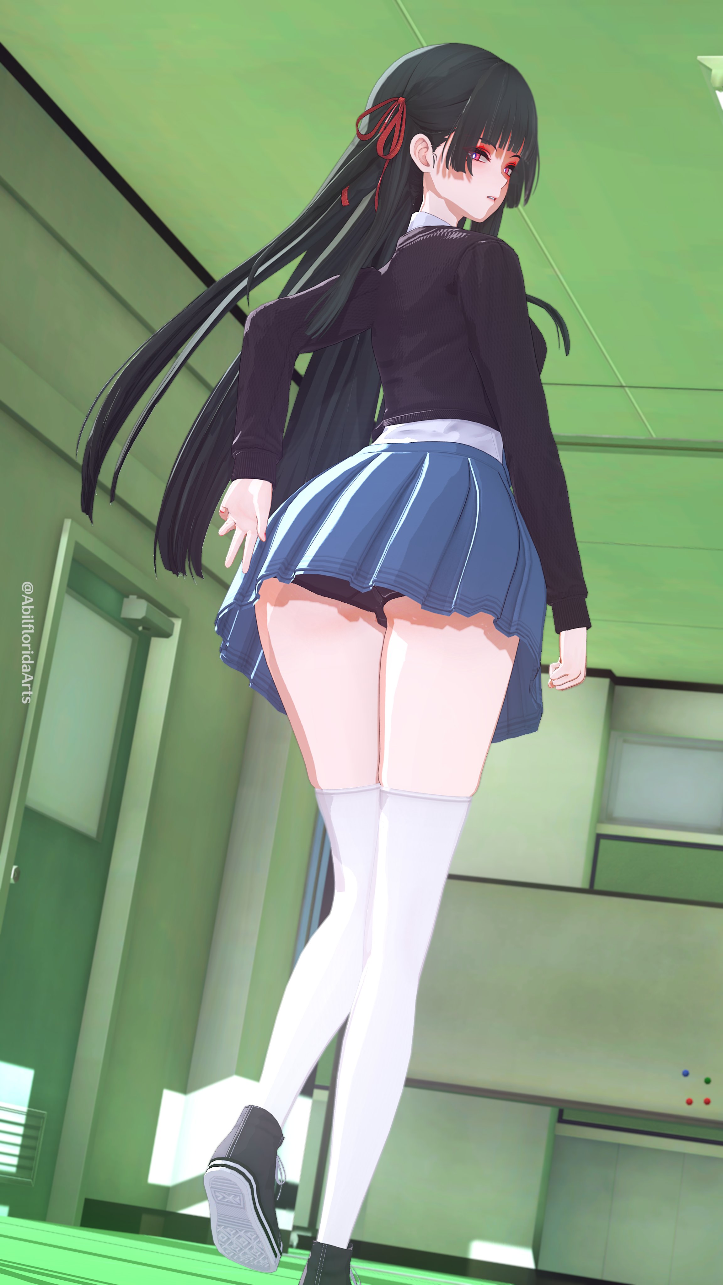 1girls, 3d, abilfloridaarts, black hair, black underwear, chisa (wuthering waves), long hair, red eyes, school uniform, schoolgirl, thighhighs, underwear, upskirt, wuthering waves