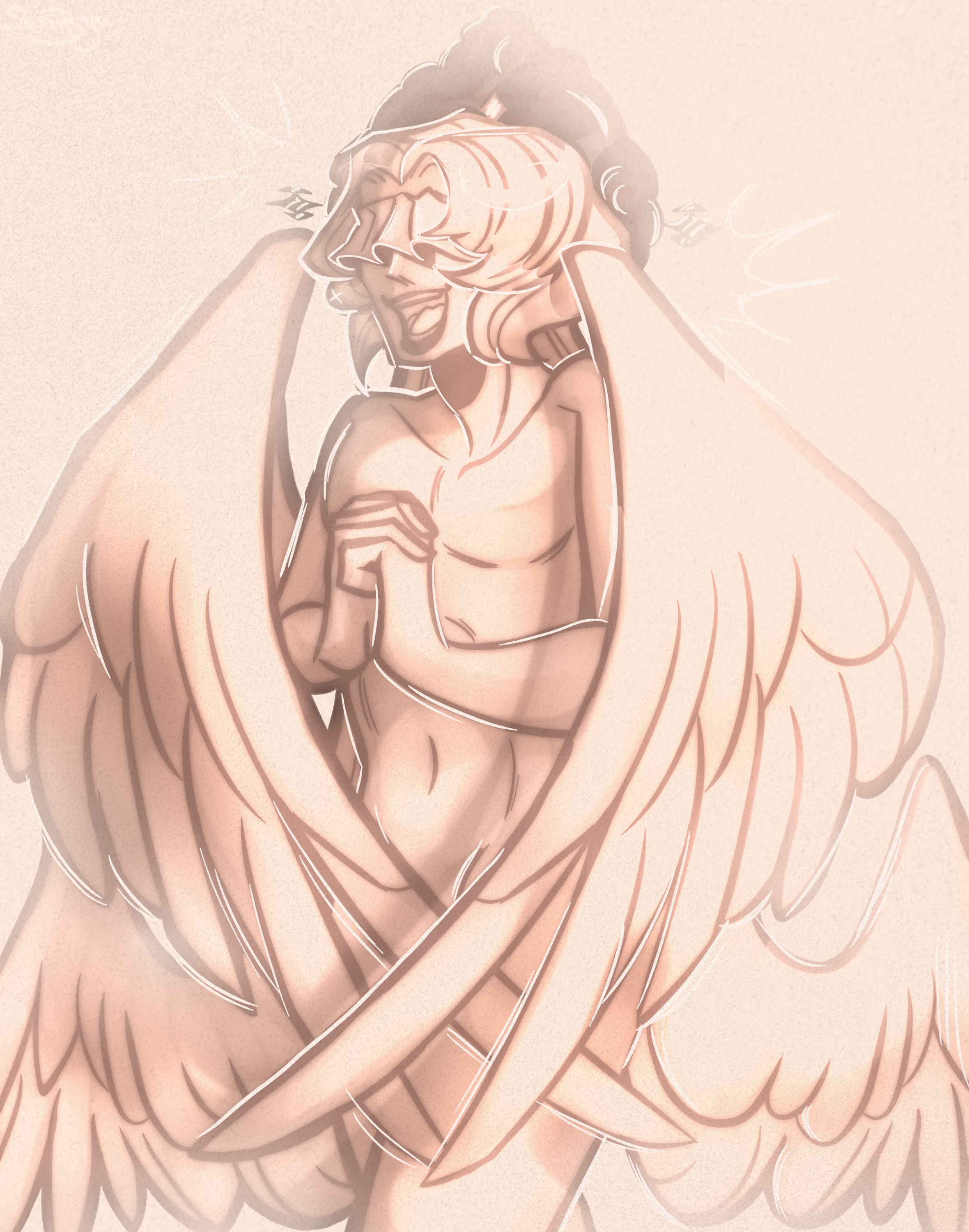 angel, angel wings, cookie, cookie run, cookie run kingdom, doughael, doughael(cookie run kingdom), nude male, nudity, rule34, white background, white body, white hair, white shirt