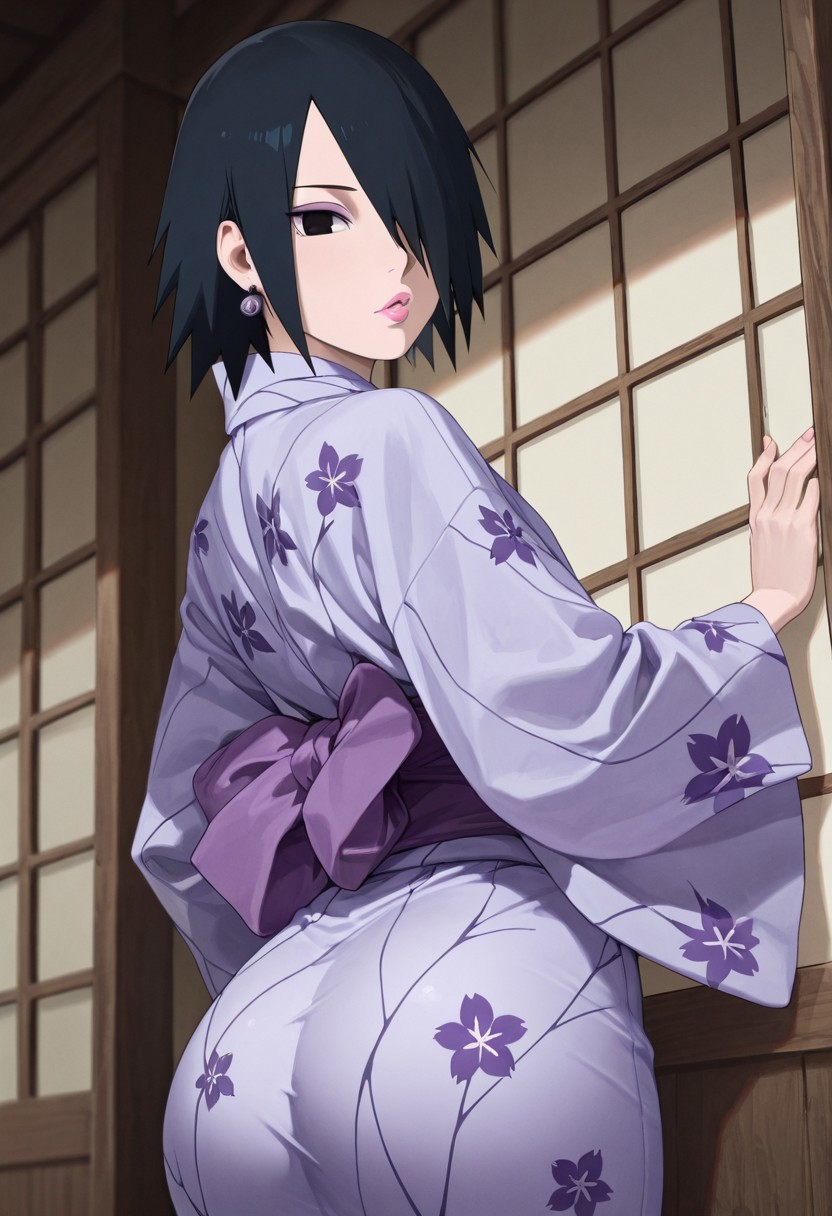 1girls, ai generated, amputee, ass, ass bigger than head, ass focus, big ass, big butt, black eyes, black hair, blush, boruto: naruto next generations, bottom heavy, breasts, clothed, clothing, curvaceous, curvy, curvy figure, earrings, female, female focus, female only, floral print, fully clothed, gender transformation, genderswap (mtf), hair over one eye, japanese clothes, kimono, light skin, light-skinned female, looking at viewer, looking back, mature, mature female, medium breasts, milf, missing arm, naruto, naruto (series), obi, pale skin, pale-skinned female, pinup, presenting ass, rear view, rule 63, sash, sasuke uchiha, sasuko, sexy no jutsu, short skirt, shounen jump, sliding doors, solo, solo female, solo focus, thick ass, thick thighs, thighs, transformation, viewed from behind, voluptuous, walking, wide hips