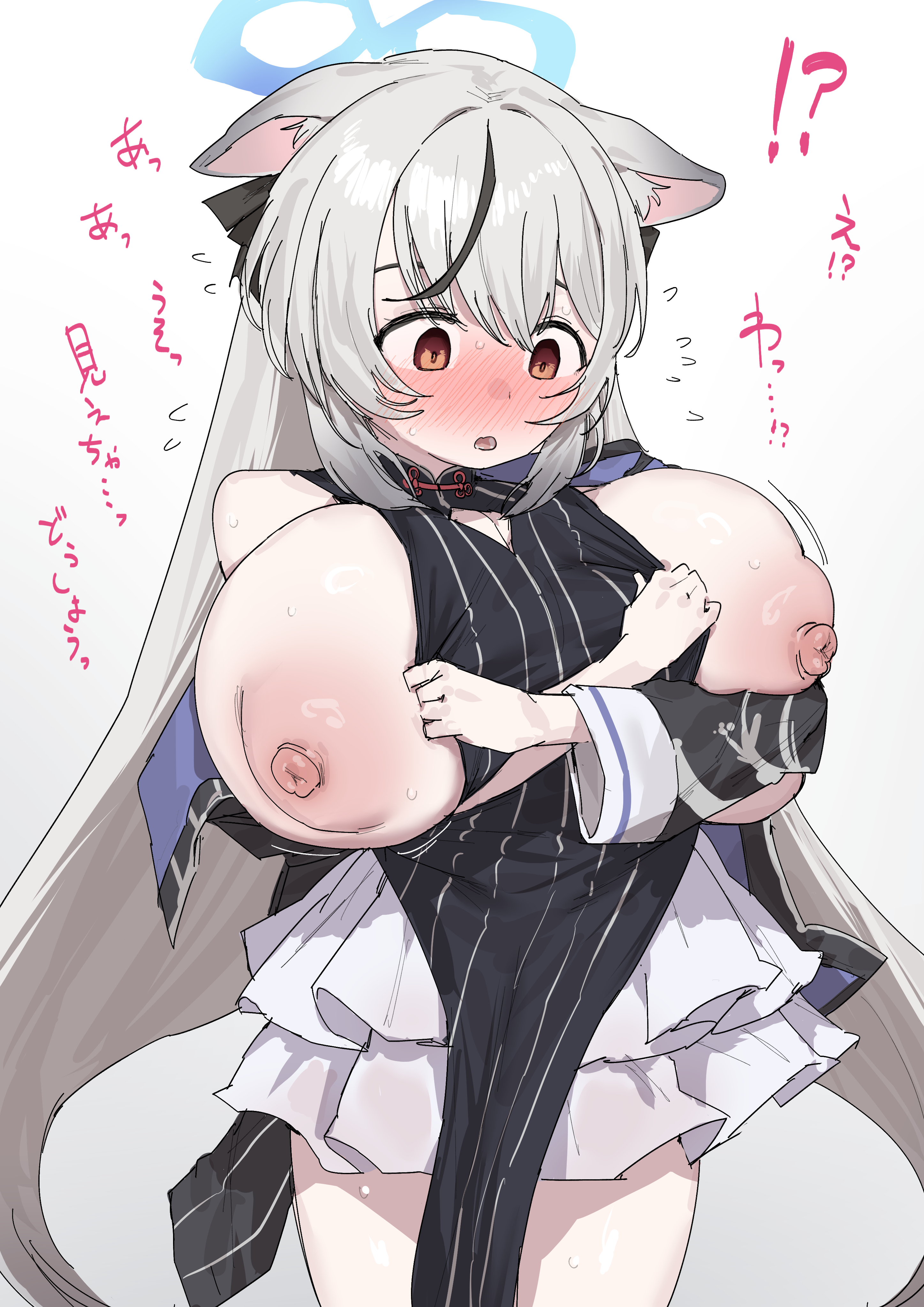 1girls, alternate breast size, animal ears, areolae, blue archive, blush, breast expansion, cat girl, chinese clothes, female, female only, halo, huge breasts, ie (raarami), japanese text, kokona (blue archive), light skin, light-skinned female, nipples, orange eyes, solo, streaked hair, wardrobe malfunction, white hair