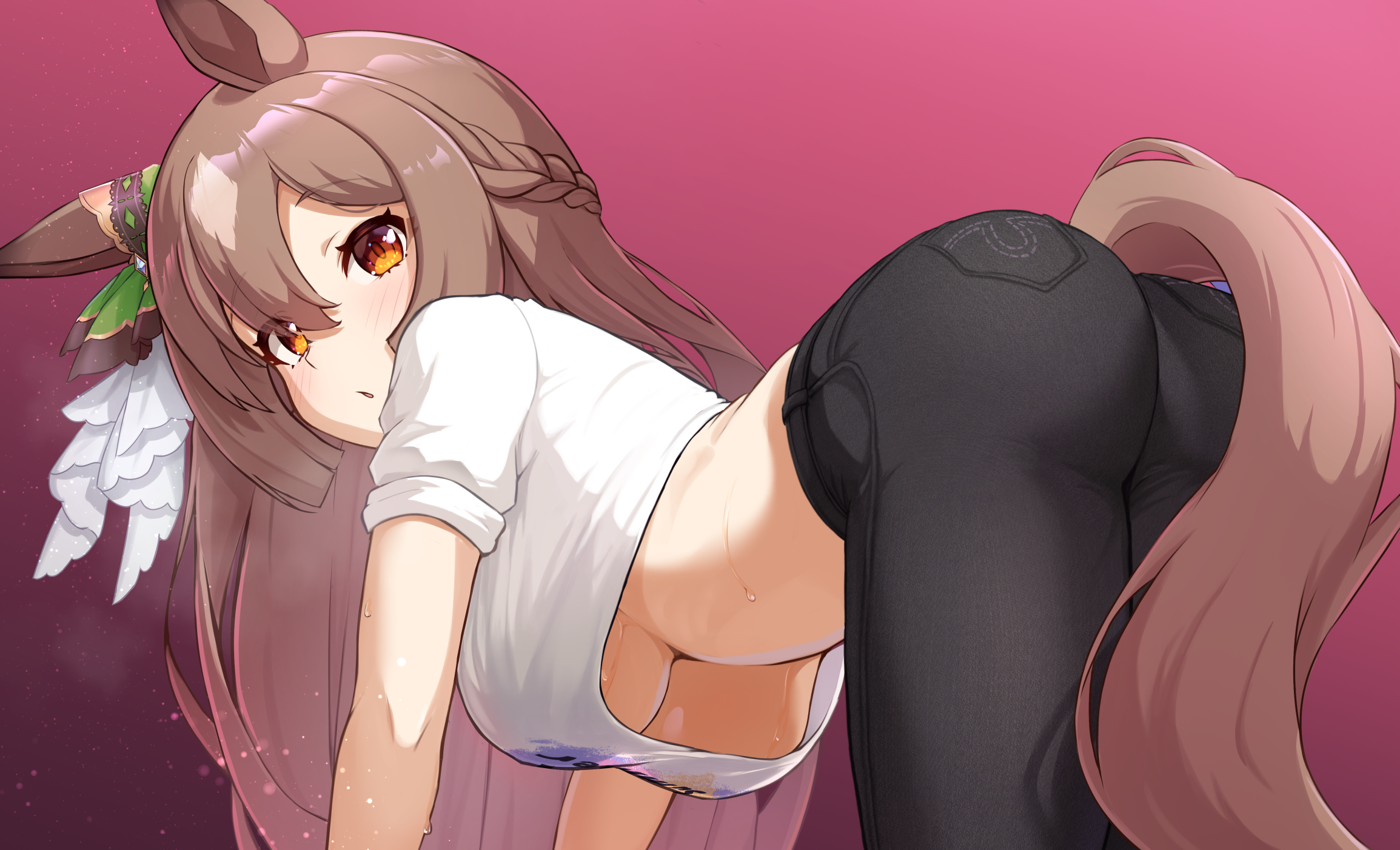1girls, ass, bent over, brown eyes, brown hair, brown tail, crop top, horse ears, horse girl, horse tail, long hair, looking at viewer, melotere, multicolored hair, pants, satono diamond (umamusume), solo, telomere, umamusume, umamusume pretty derby, white shirt