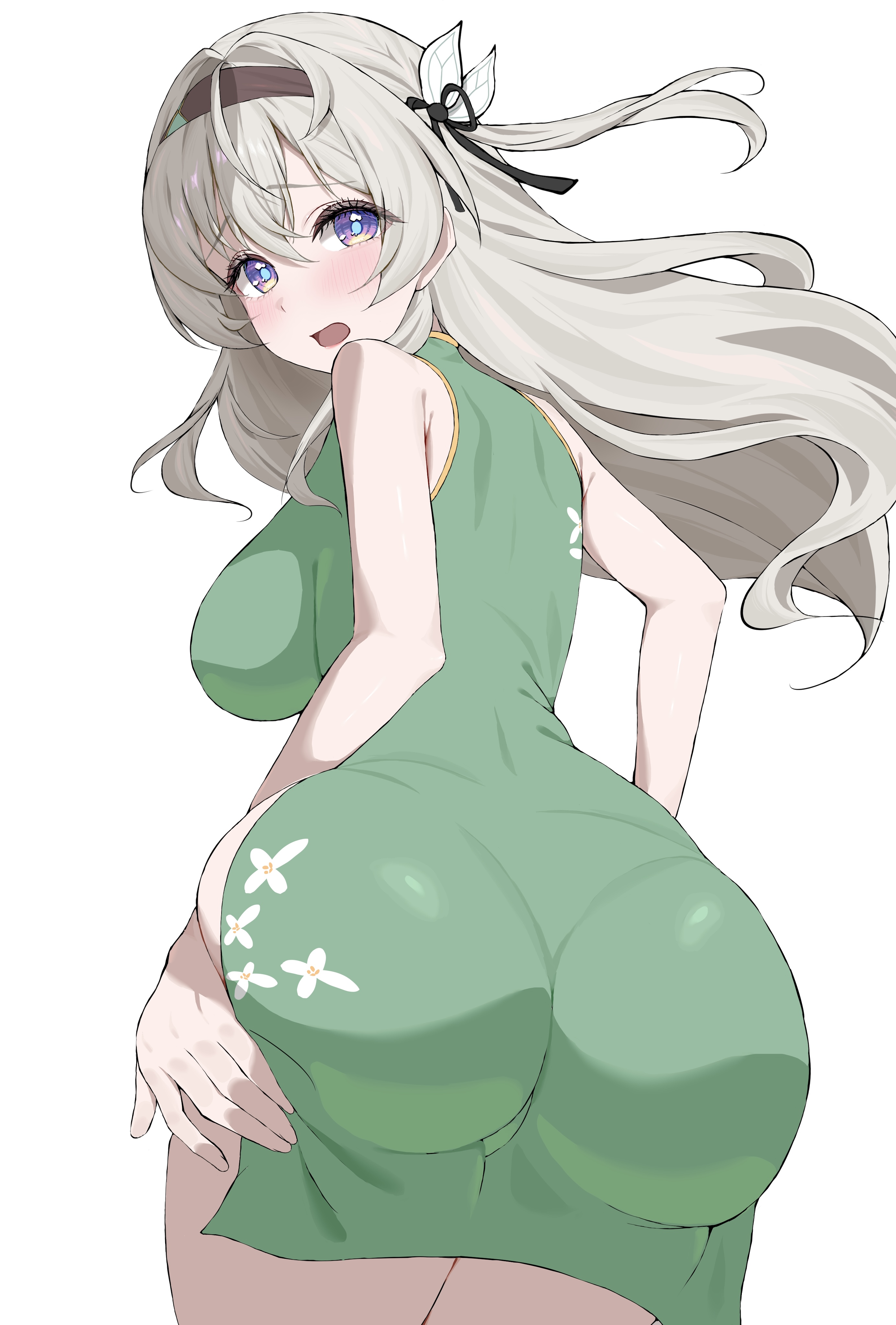 absurdres, akatana (ewokakitaindes), ass, blush, breasts, commentary, dress, female, firefly (honkai: star rail), from behind, green dress, grey hair, hairband, highres, honkai (series), honkai: star rail, large breasts, long hair, looking at viewer, looking back, open mouth, purple eyes, simple background, solo, white background