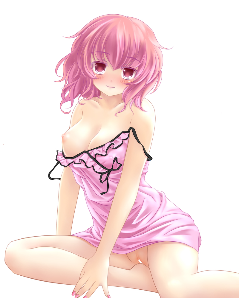 1girls alternate_costume bare_legs bare_shoulders blush breasts censored dress female nail_polish nekokotei nipples off_shoulder pink_dress pink_eyes pink_hair pussy short_hair sitting smile solo strap_slip touhou yuyuko_saigyouji